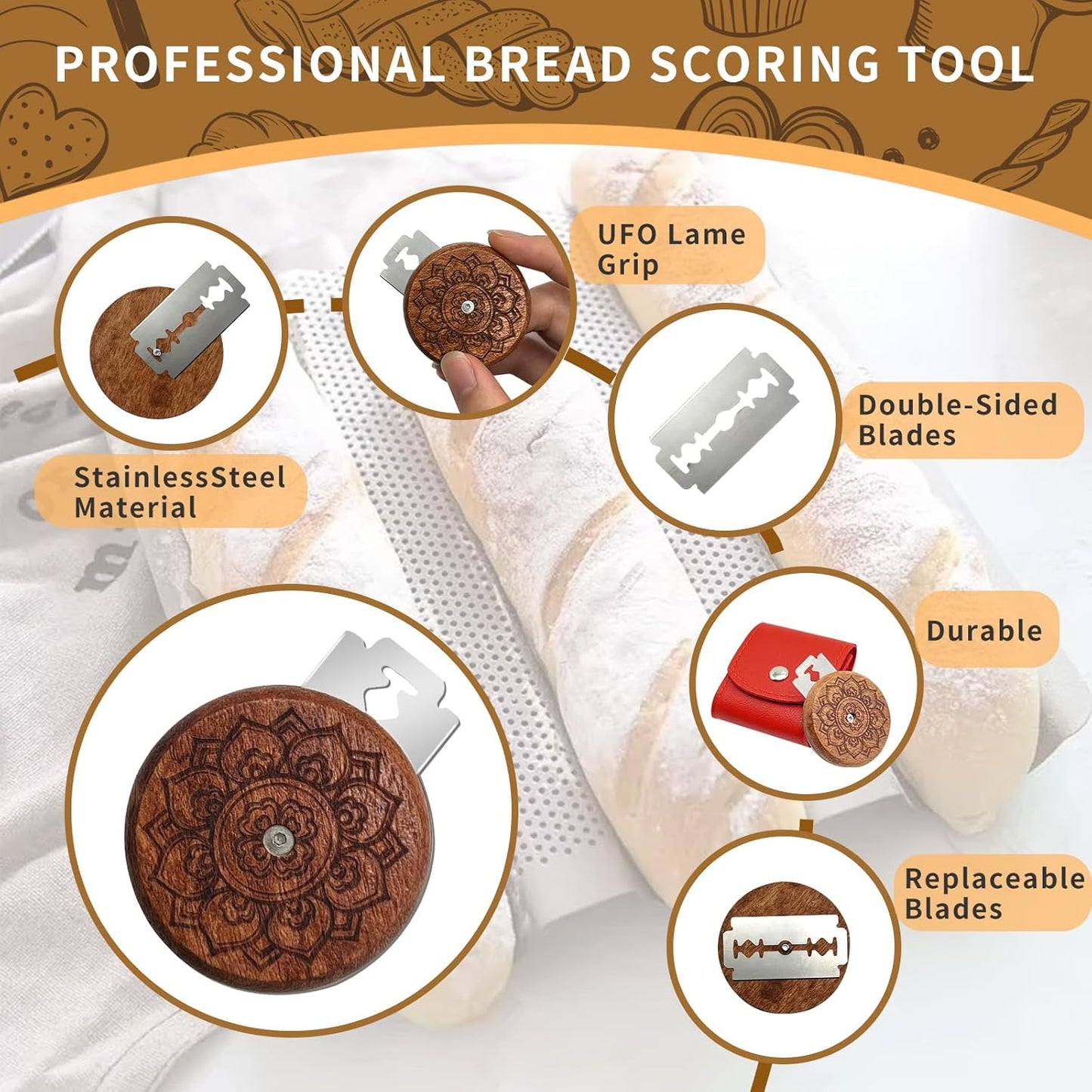 Bread Lame Sourdough Scoring Tool,Wooden Lame Bread Scoring Tool with 5 Razor Blades and Leather Storage Cover,UFO Bread Lame Dough Scoring Tool for Bread Baking