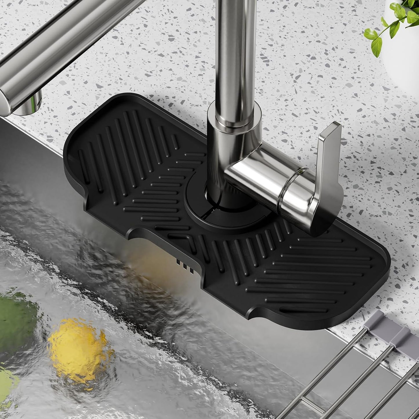 Faucet Mat for Kitchen Sink,6° Slope Sink Splash Guard,Splash Guard for Kitchen Sink,Kitchen Sink Splash Guard for Dish Soap Sponge Holder,Silicone Faucet Guard & Draining Mat-Black