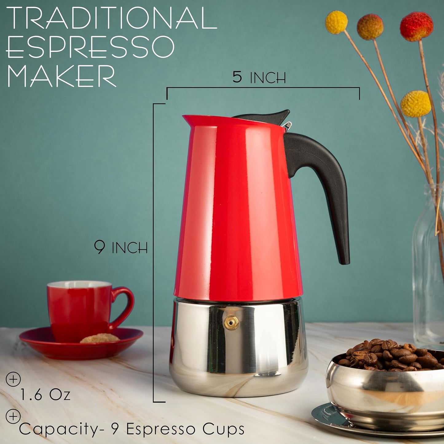 Mixpresso Red 9 Cup Greca Stovetop Espresso Pot 450ml/15oz, Moka Pot with Coffee Percolator Design, Stainless Steel Stove Top Coffee Maker for Camping or Home Use,Italian Stovetop Espresso Maker