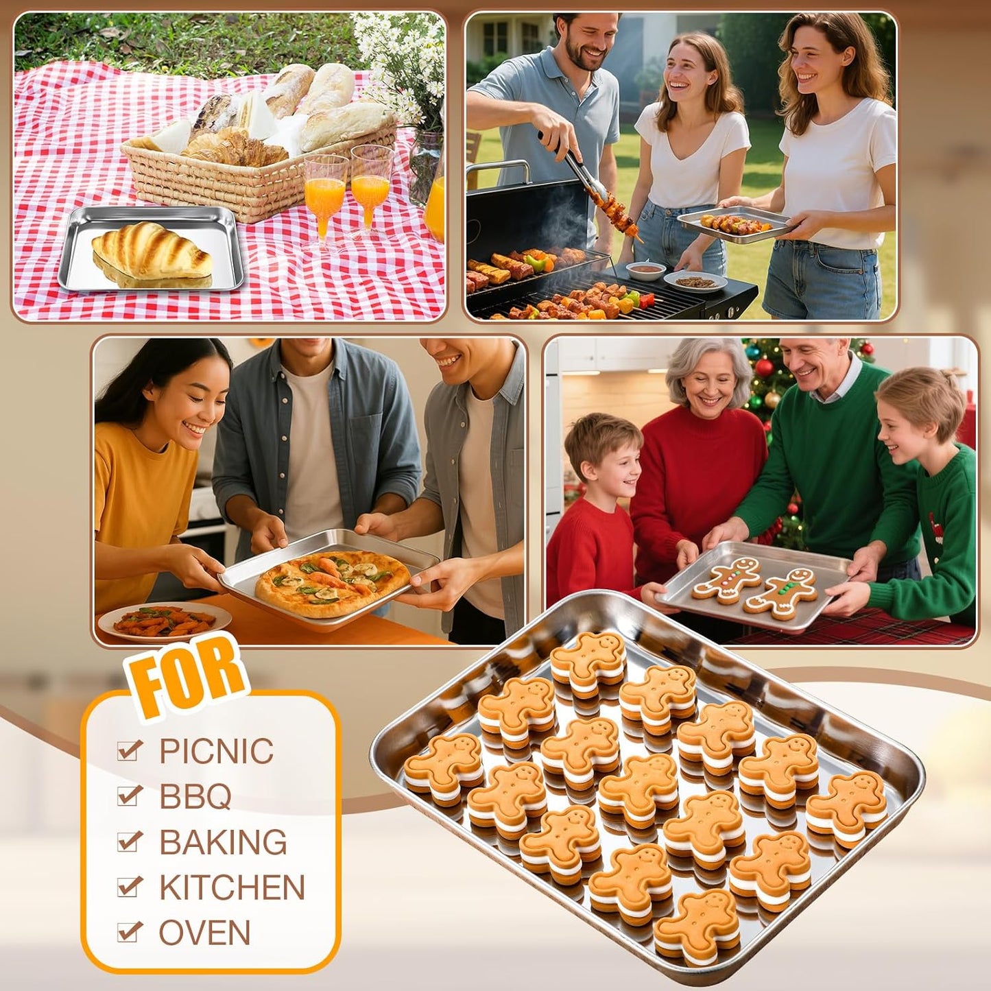 6 Pcs Baking Sheet Pan Set 9 x 6.7 x 1 inches Cookie Sheet Small Toaster Oven Pans Stainless Steel Tray Barbecue Grill Pan Rectangle Trays Oven, Non-stick, Easy Clean