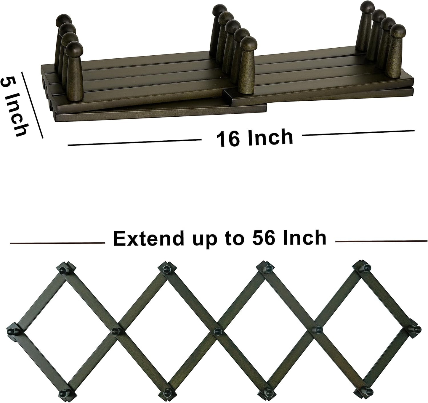 Dseap Accordion Wall Hanger:16'' High Wooden Wall Expandable Coat Rack,Hat Rack Holder,Accordion Hook for Baseball Caps,Coats,13 Peg Hooks,Dark Walnut