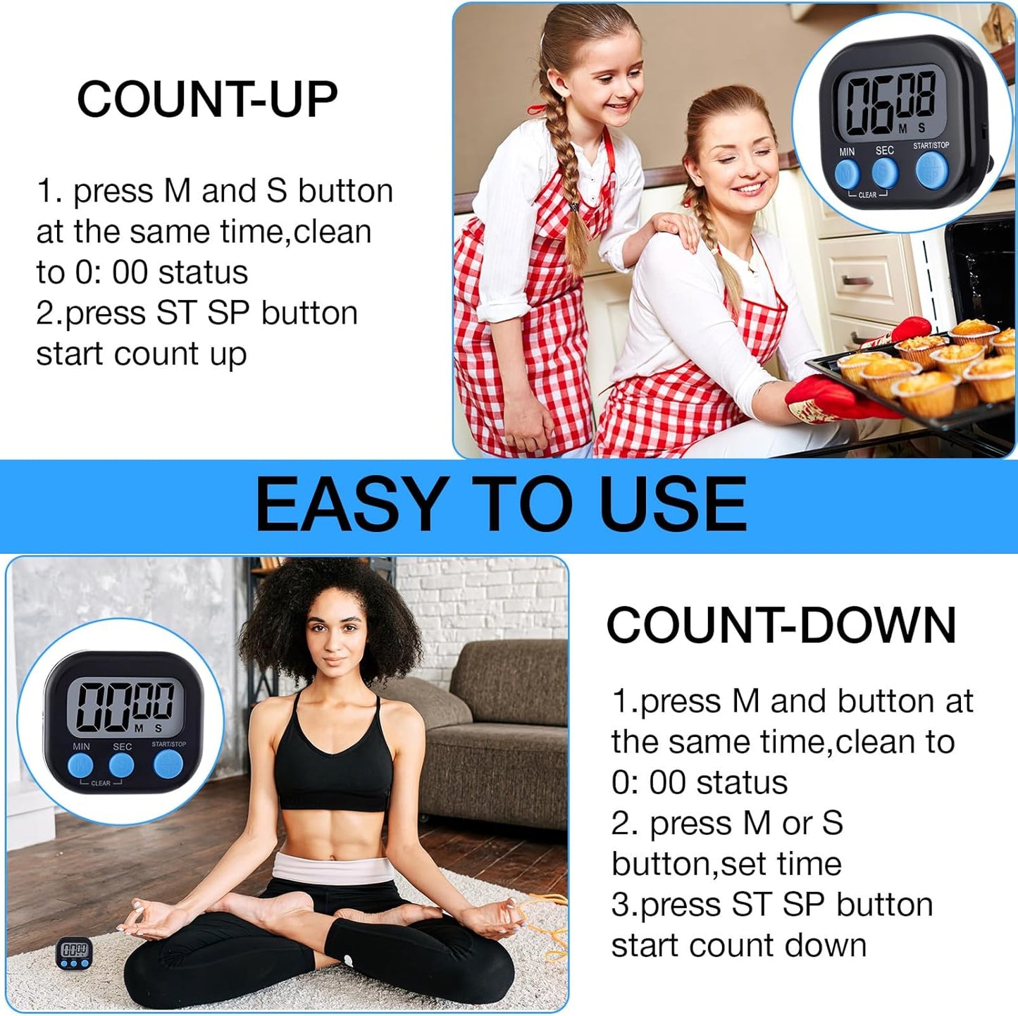 Leumoi 24 Pcs Digital Kitchen Timers Magnetic Back Timers Bulk Large Screen Loud Alarm On/Off Switch Minute Second Count up Countdown Memory Setting for Cooking Classroom Exercise(Black and Blue)