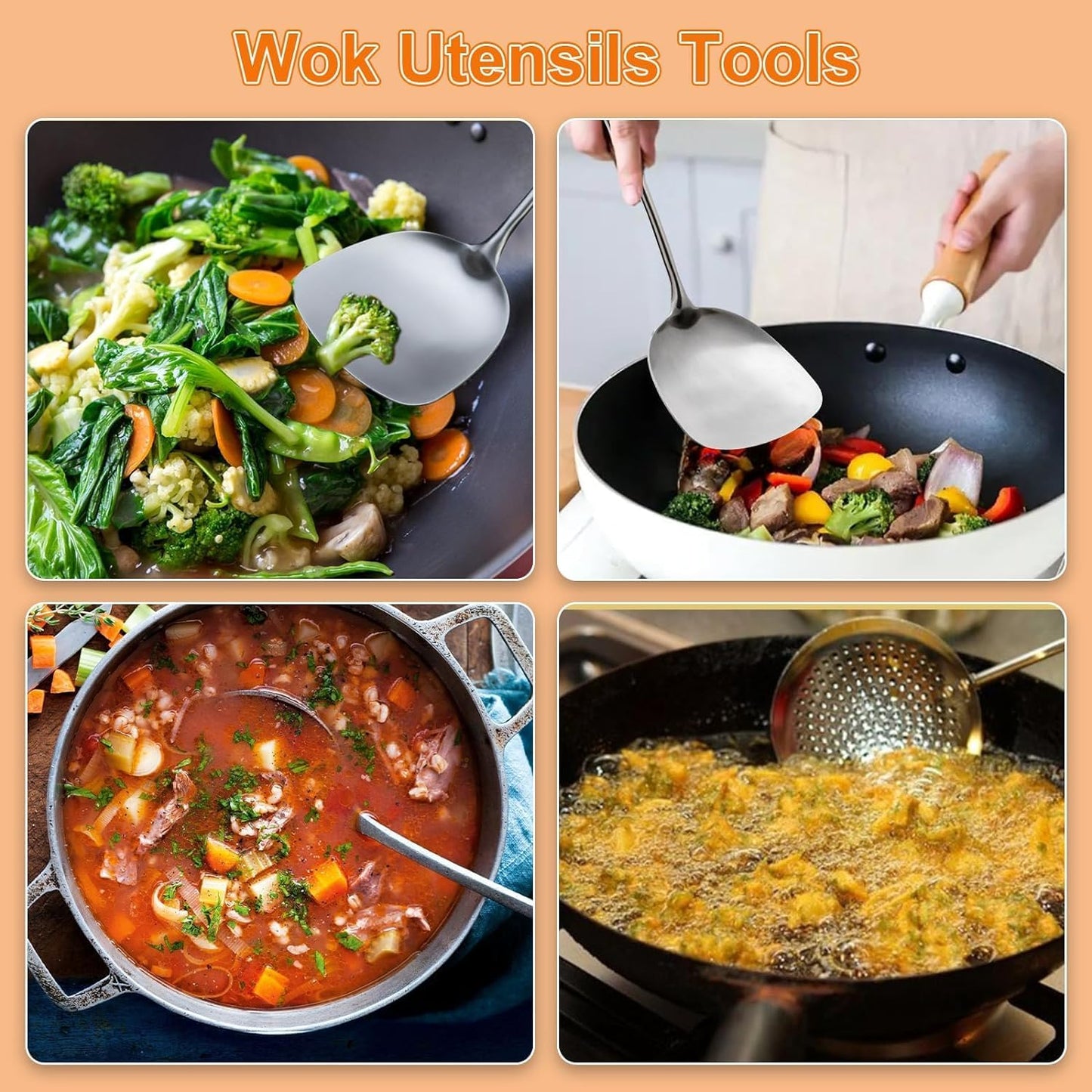 FJNATINH Soup Ladle, 13.7inches Ladle for wok, 304 Stainless Steel wok spatula,Wooden Handle