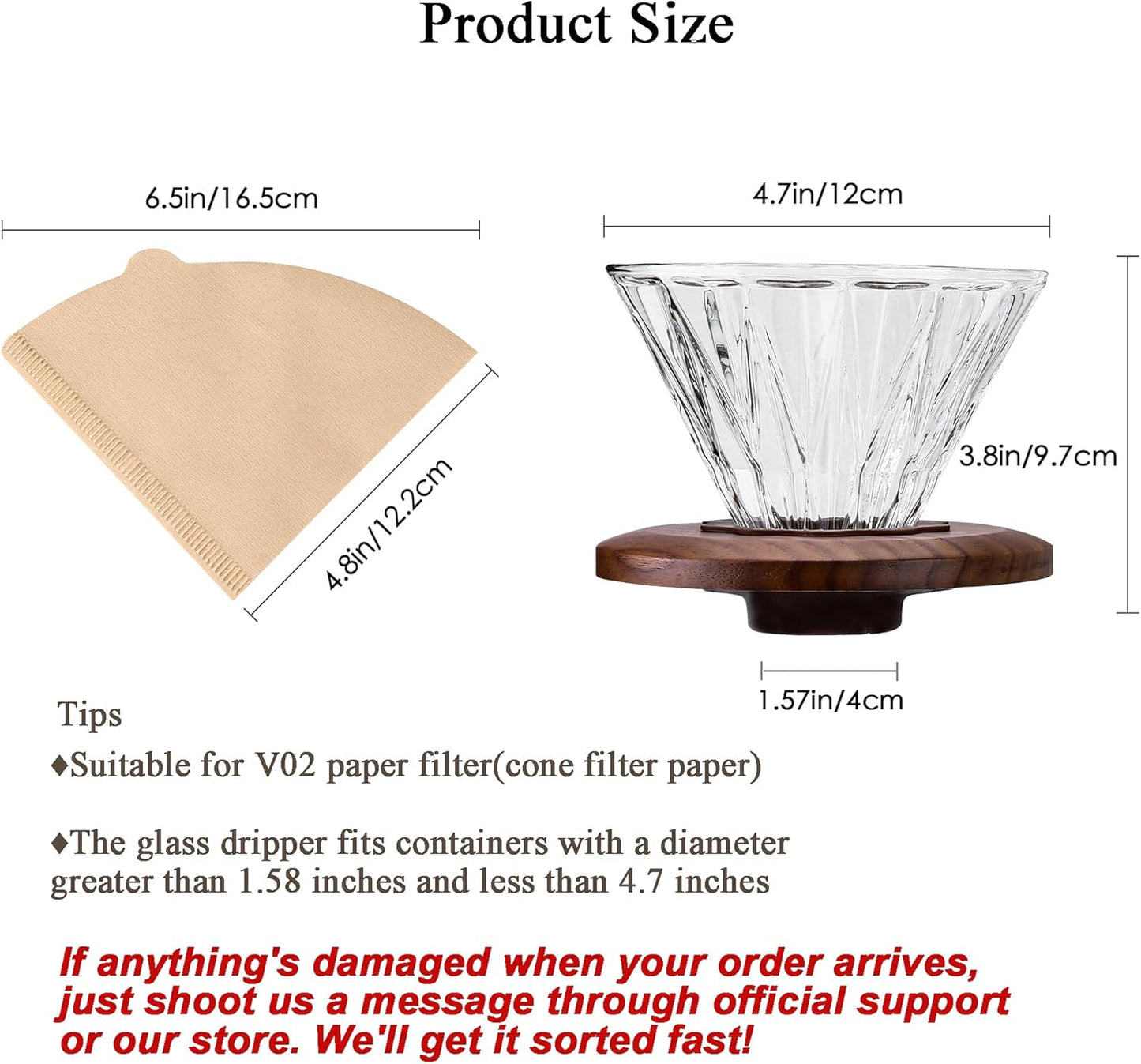 Glass Coffee Dripper with 100 pcs of Size 02 Paper Filter, Borosilicate Glass & Walnut Collar, Pour Over Coffee Maker, 1-3 Cups, Clear