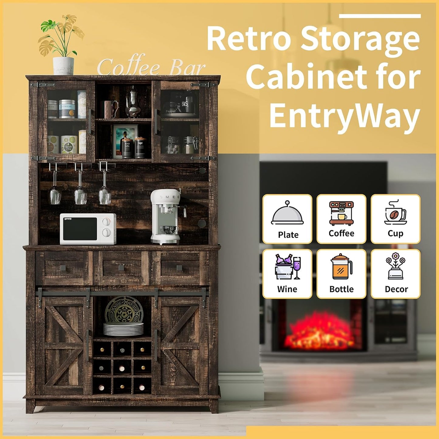 72" Coffee Bar Cabinet with Sliding Barn Door & LED Lights, Sideboard Buffet Cabinet with Wine Bottle Rack, 3 Drawers, Storage Cabinet for Kitchen, Dining Room, Dark Rustic Oak, DBC20B