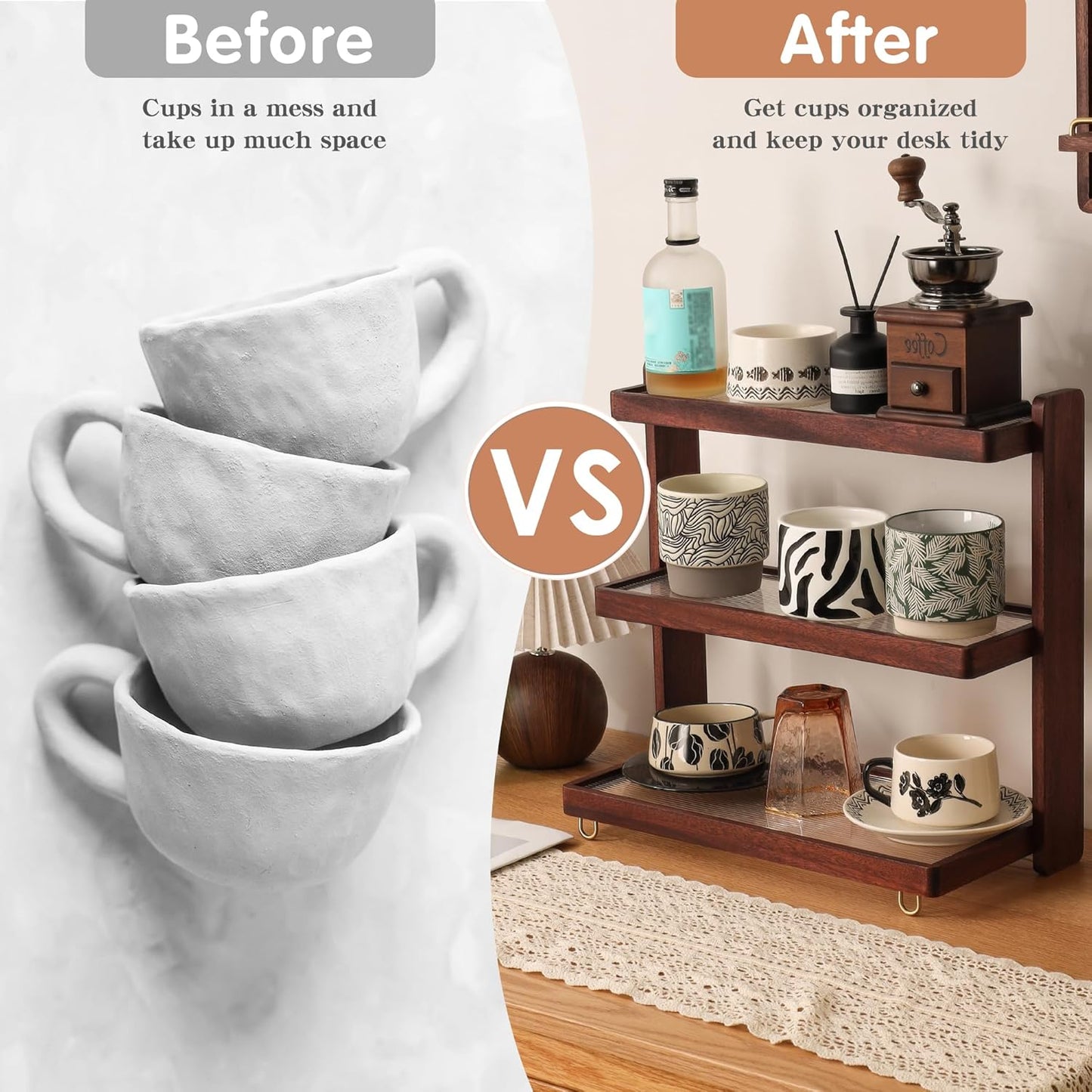 Coffee Mug Holder Wooden Cup Rack,3-Tier Acrylic Home Wood Mug Display Rack for Kitchen Countertops, Coffee Bars, Syrup, Cups, Stirrers