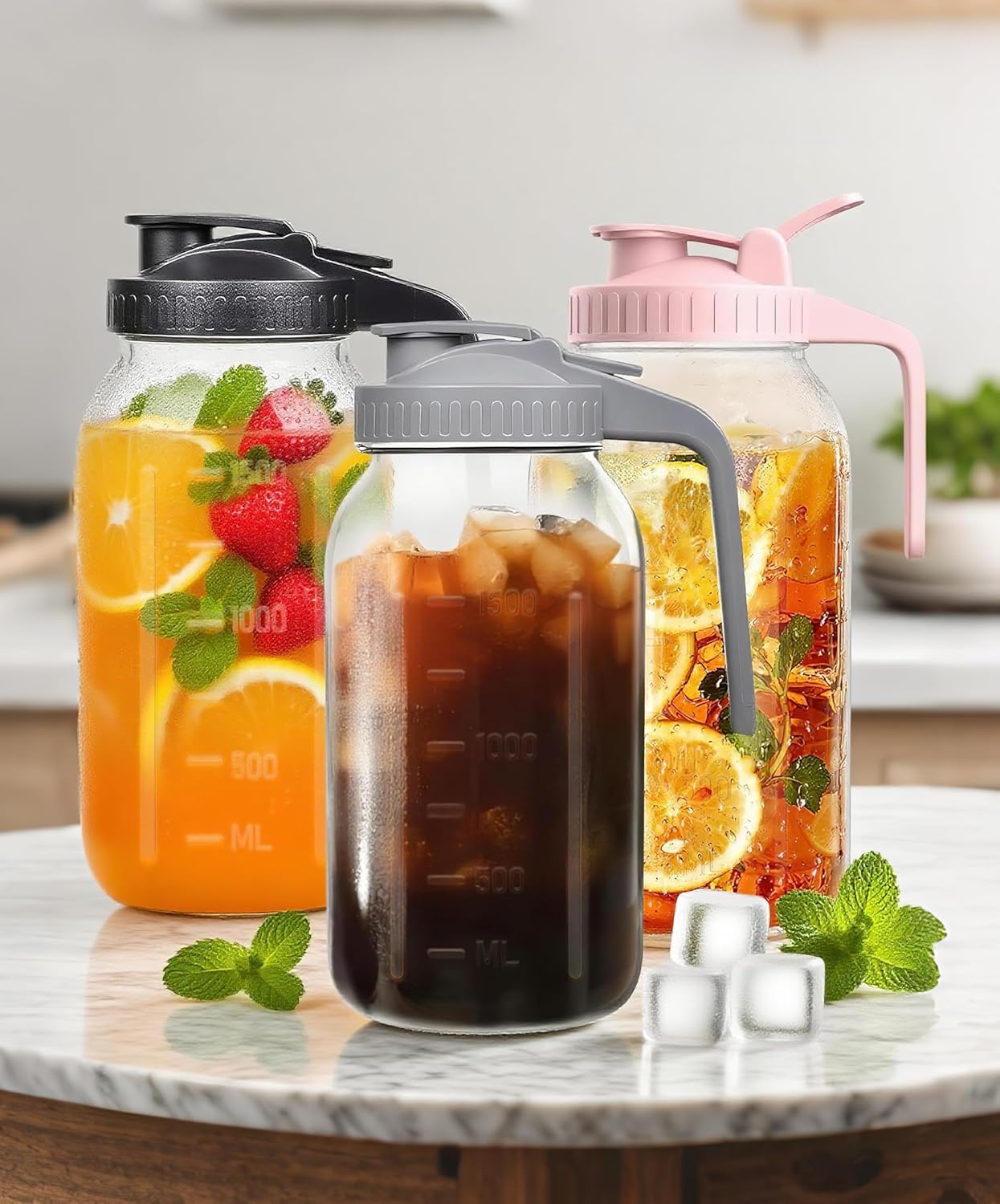 64oz Large Mason Jar Pitcher with Lid, 2 Quart Glass Tea Pitchers for Fridge, Leak-proof Coffee Dispenser,Heavy Duty Water Container for Sun Tea,Cold Brew Juice,Breastmilk Storage(Black+Gray+Pink)