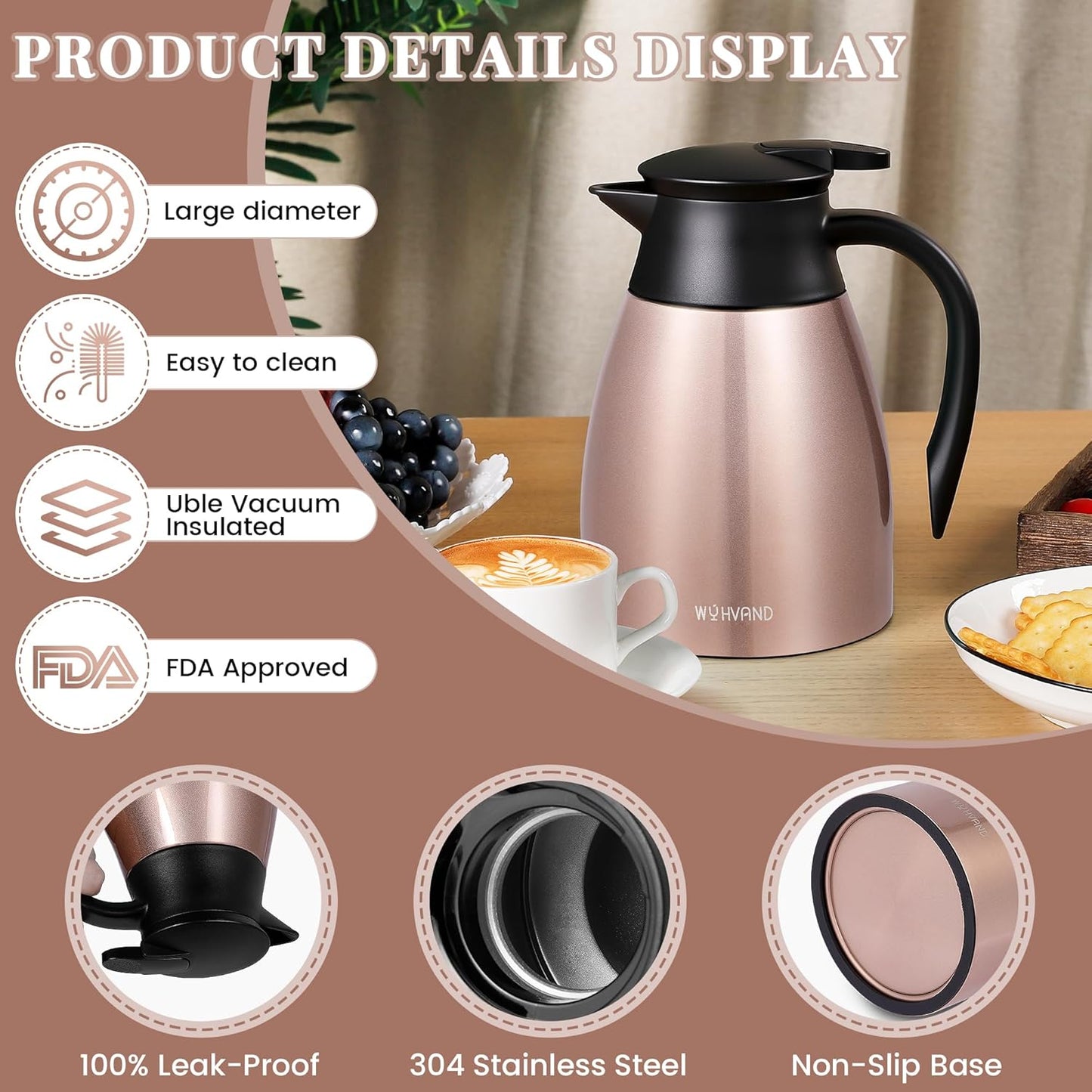 34 Oz Thermal Coffee Carafe, Stainless Steel Insulated Vacuum coffee crafts to keep coffee hot, 1 Liter Tea Water Coffee and Beverage Dispenser (Copper)