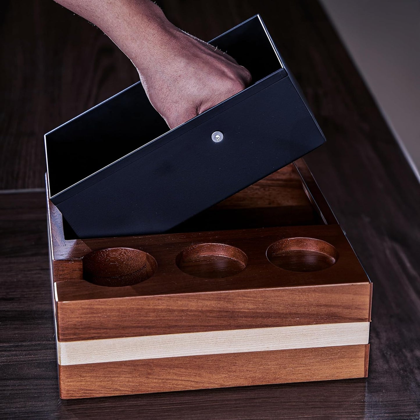 51mm Espresso Knock Box and Tamping Station – Walnut Espresso Tool Organizer with Detachable Knock Box, Tamper Holder, and Portafilter Stand – Perfect for 51mm Espresso Accessories
