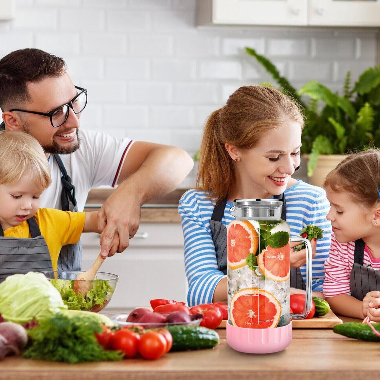 Aofmee 68oz Glass Pitcher with Lid, 2 Liter Water Carafe with Silicone Base and Precise Scale Line, Ice Tea Pitcher for Fridge, Anti-Slip Glass Jug for Sun Tea Juice Coffee Milk Beverage (Pink)