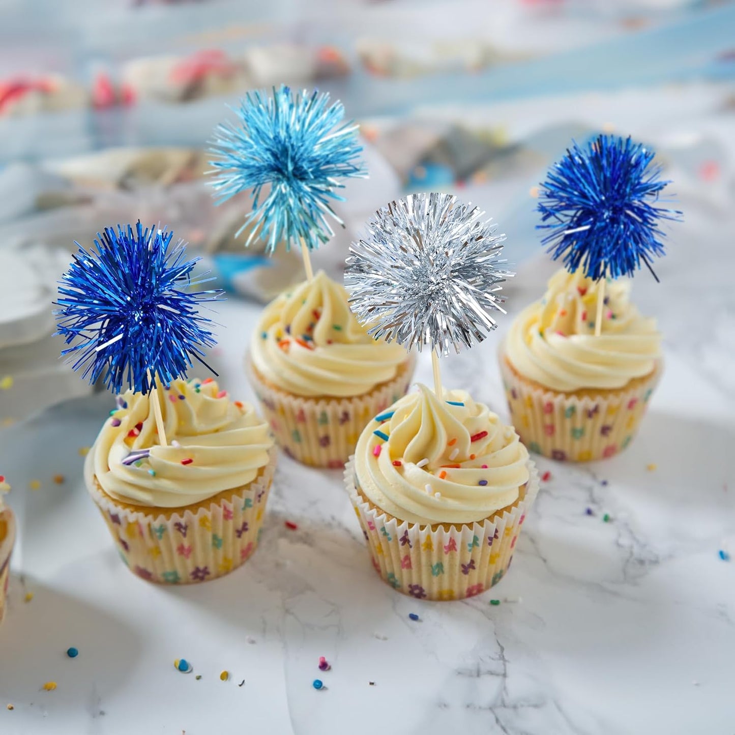 Gyufise 30Pcs Foil Firework Cupcake Toppers Sparkle Tinsel Cake Toppers Tinsel Drink Cake Decoration Cocktail Picks for Birthday Wedding Graduation Party Supplies Blue Silver