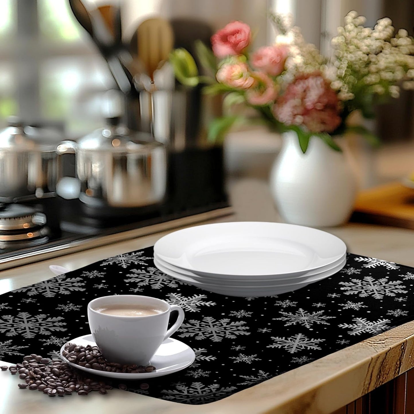 Winter Snowflake Black Dish Drying Mat Christma Snowflakes Large Kitchen Mats Dish Drying Pad Absorbent Dish Dryer Mat for Kitchen Countertops Microfiber Drainer Pad Dish Drying Mats (18x24 in)