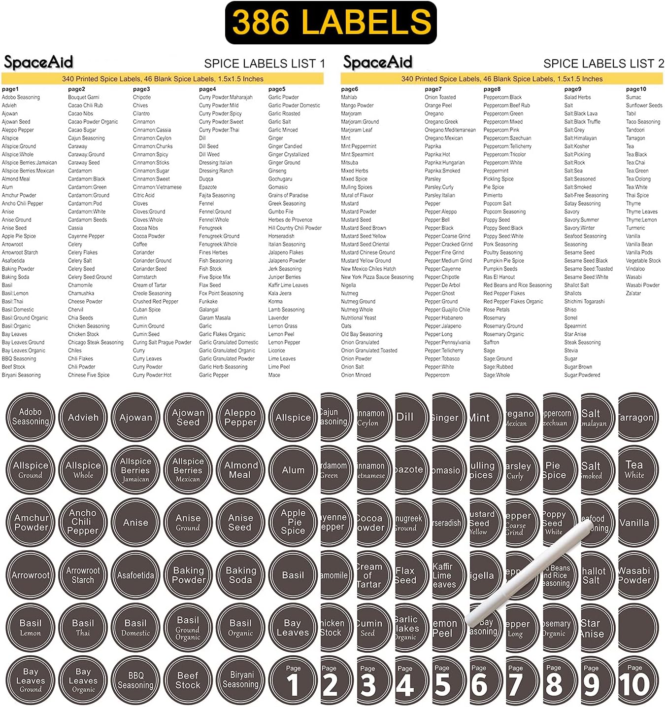 SpaceAid Spice Rack Organizer with 28 Spice Jars, 386 Spice Labels, Chalk Marker and Funnel Set for Cabinet, Countertop, Pantry, Cupboard or Door & Wall Mount - 28 Jars, 13.4" W × 10.8" H, Black