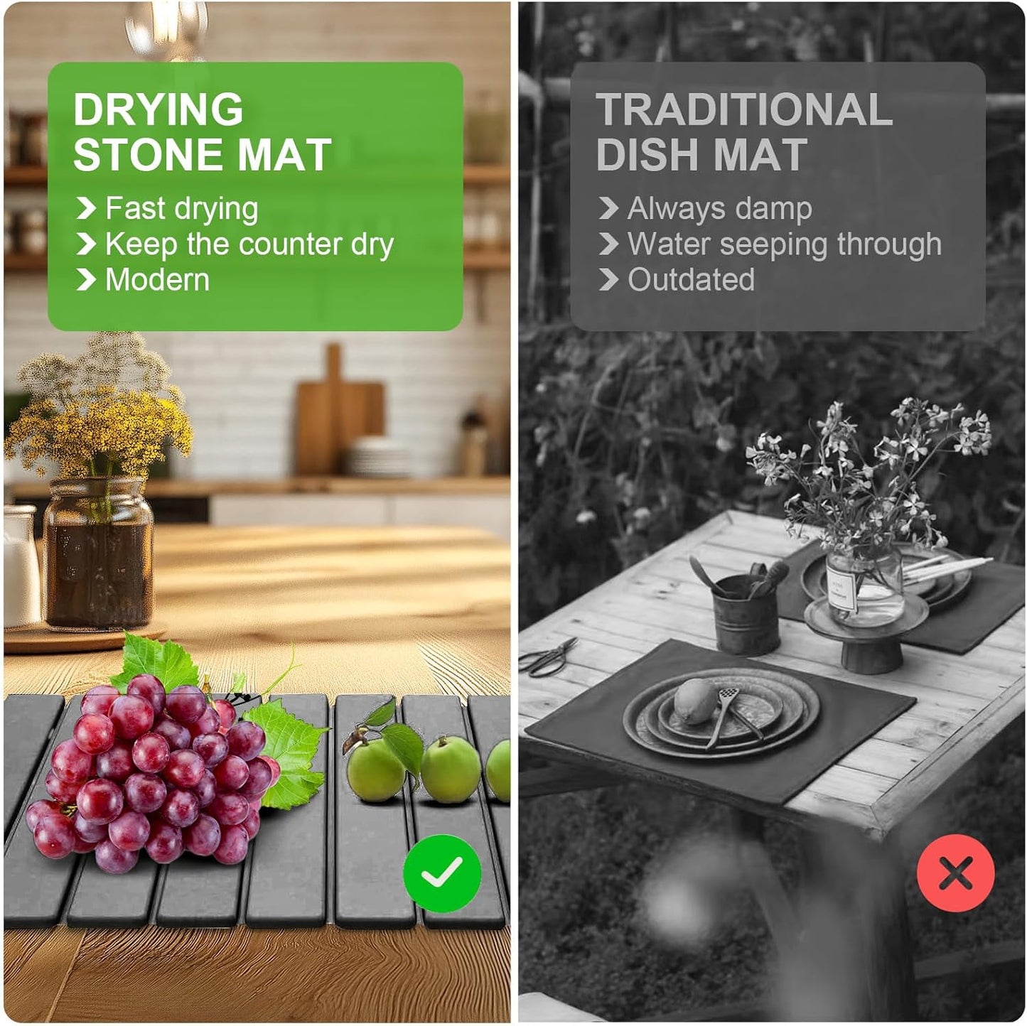 Large Stone Dish Drying Mats for Kitchen Counter, 24"×16", Collapsible quick dry stone mat kitchen, Eco-Friendly, Absorbent Diatomaceous Earth Mats for Dishes Bottles Cups, Match Any Countertop