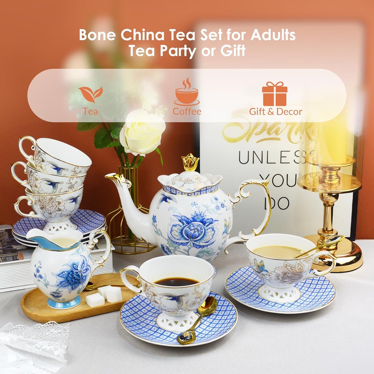 ACMLIFE Tea Set for Adults- Fine China Tea Set for 6, 21-Piece Vintage Coffee Set English Porcelain Tea Pot Sets for Adult Tea Party for Women Gift (blue, Extra Large set 21)