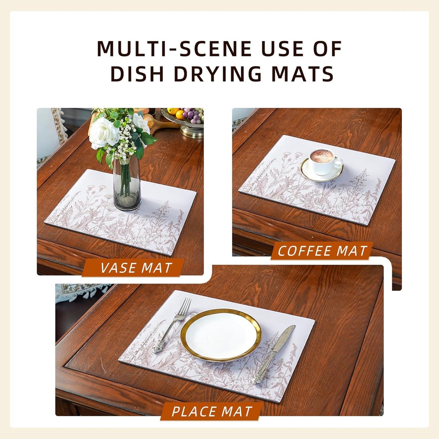 Dish Drying Mat Absorbent Coffee Mat Rubber Backed Soft Silicone Kitchen Drying Mat for Kitchen Bathroom Coffee Bar (Plants, 16 x 24 Inches)