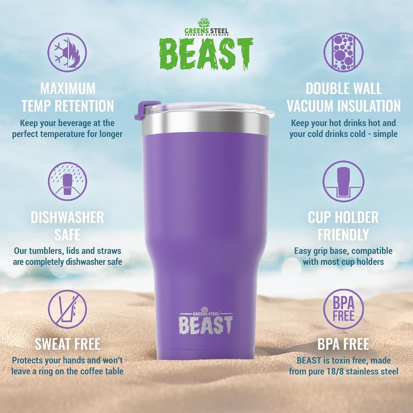 Beast 30 oz Tumbler Stainless Steel Vacuum Insulated Coffee Ice Cup Double Wall Travel Flask (Purple)