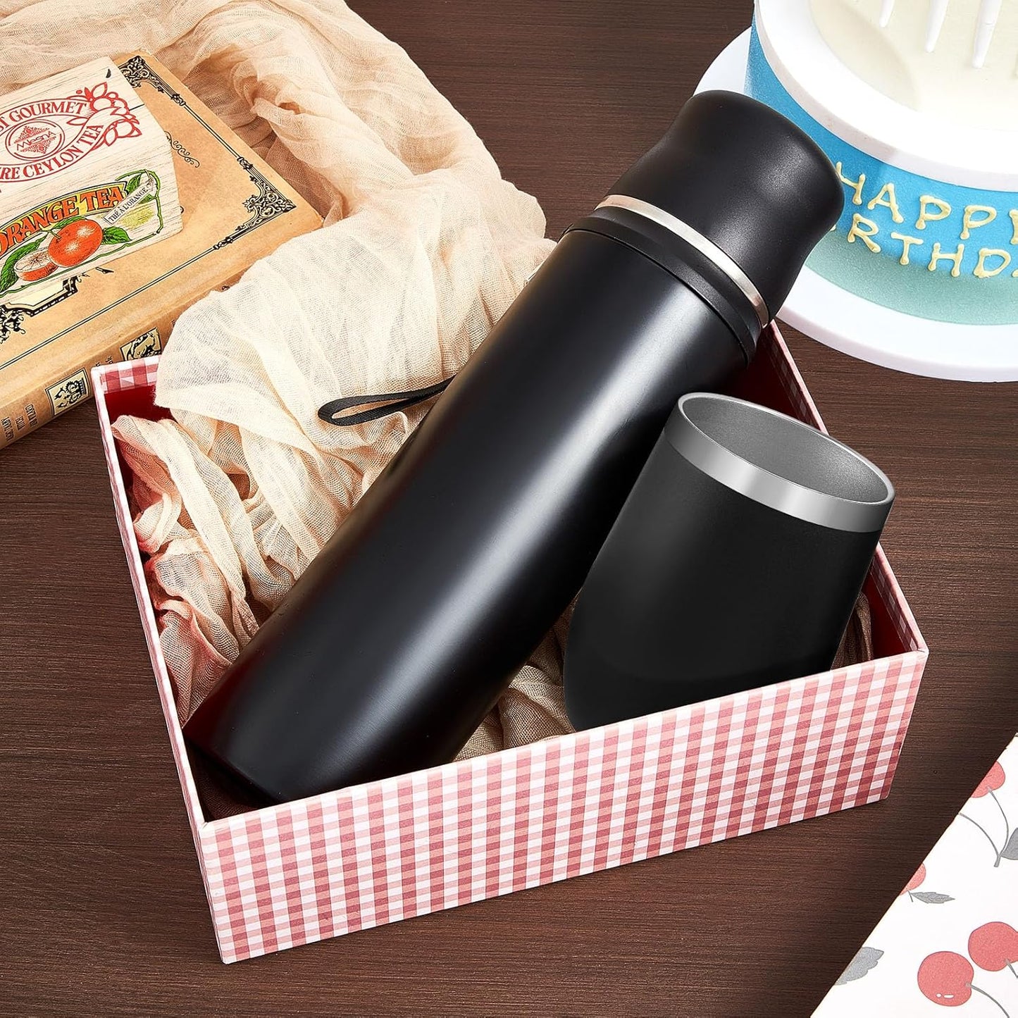 Dandat 2-Piece Yerba Mate Cup and Vacuum Bottle Kit - 12 oz Yerba Mate Gourd Cup with Bombilla Set and 34 oz Insulated Water Bottle - Black