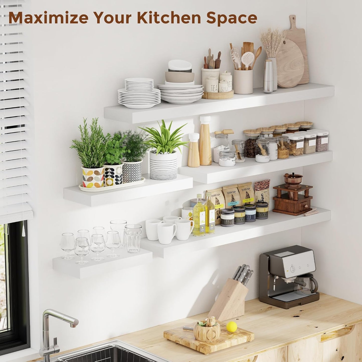 Heimlove 55 Inch Floating Shelves for Wall 8 Inch Deep White Shelves Set of 2,Wall Mounted Rustic Wood Long Floating Shelf,Large Extra Display & Storage Shelf with Invisible Brackets