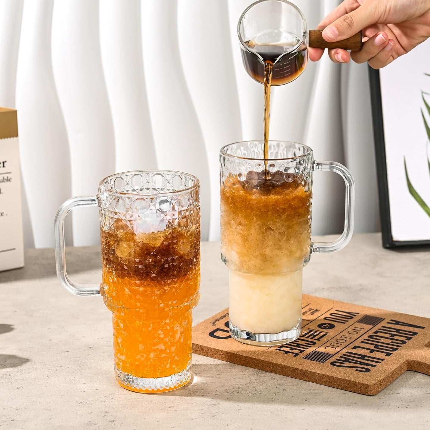 2 Pack 18oz Vintage Glass Cups With Handle, Iced Coffee Cups With Lid And Straw, Thicked Wall Glass Tumbler For Water, Juice, Beers, Drinking Jar with Lid sealed Carry On Cup