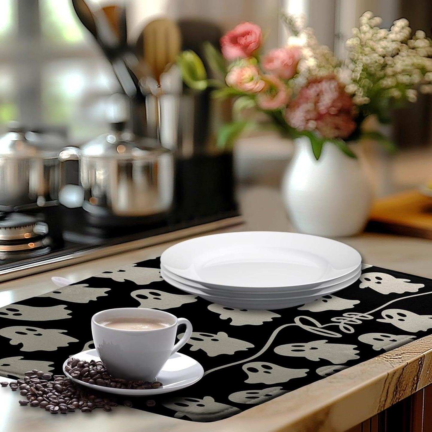 Halloween Ghosts Dish Drying Mat Black and White Large Kitchen Mats Dish Drying Pad Absorbent Dish Dryer Mat for Kitchen Countertops Microfiber Drainer Pad Dish Drying Mats (18x24 in)