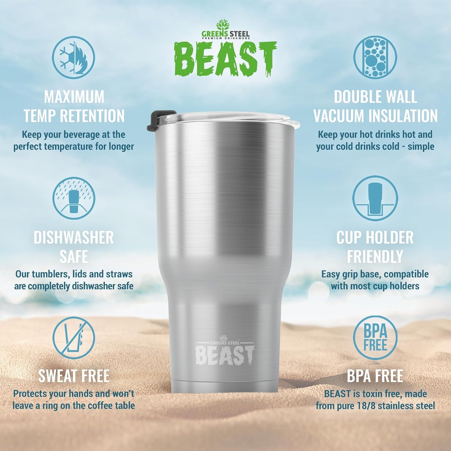Beast 20 oz Tumbler Stainless Steel Vacuum Insulated Coffee Ice Cup Double Wall Travel Flask (Stainless Steel)