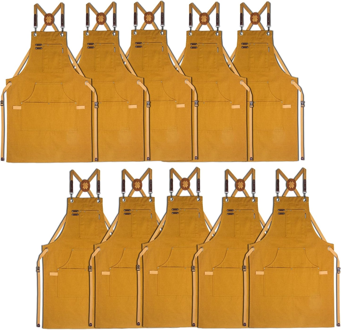 10 Pack Kitchen Aprons, Work Apron, Canvas, Multiple Pockets, Gardening, Painting, BBQ, Artist, Carpenter, Sizes M to XXL, Khaki