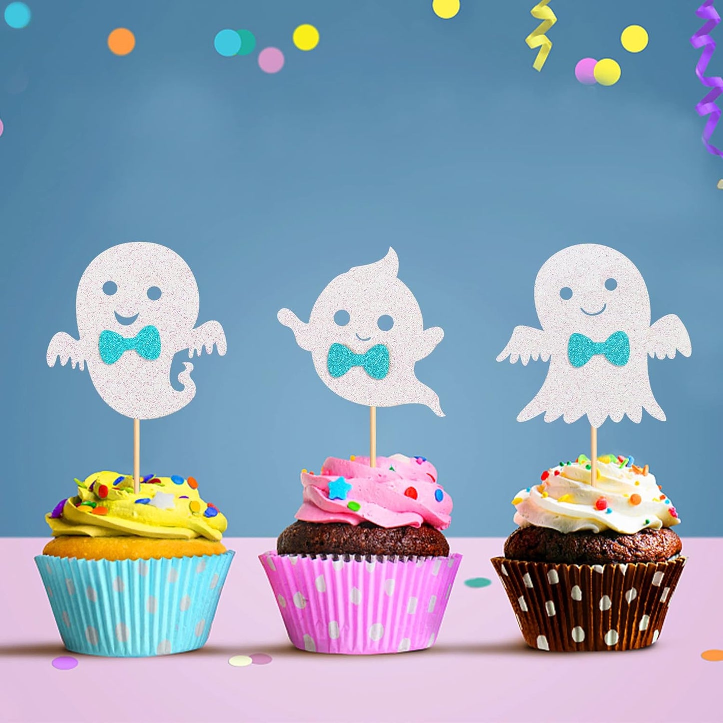 24Pcs Ghost Cupcake Toppers - Bule Halloween, Bule and White Halloween Birthday Decorations, Bule Halloween Baby Shower Decor, Ghost Decorations, Halloween Gender Reveal Decorations