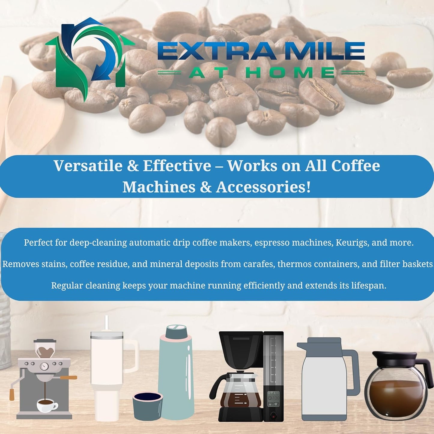 Coffee Maker Cleaning Kit 2 Bottles Heavy-Duty Descaler, Crevice Brush & 12"x12" Microfiber Cloth Removes Stains & Residue from Drip Coffee Pots, Espresso Machines