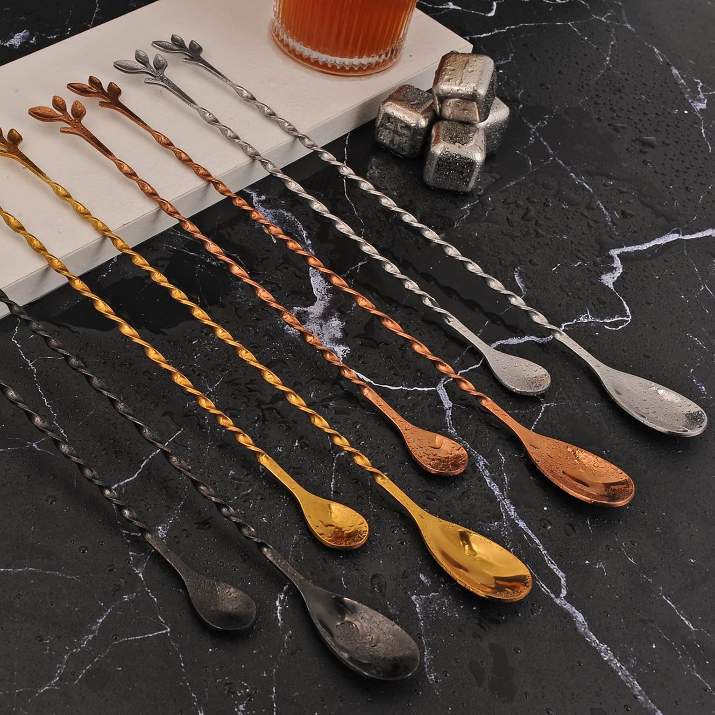 AnSaw Gold 10-Inch Stainless Steel Cocktail Spoon with Leaf Handle - Perfect for Mixing & Layering Drinks in Tall Cups, Bar & Shakers - Durable Long Handle Bar Stirrer,1-Pieces