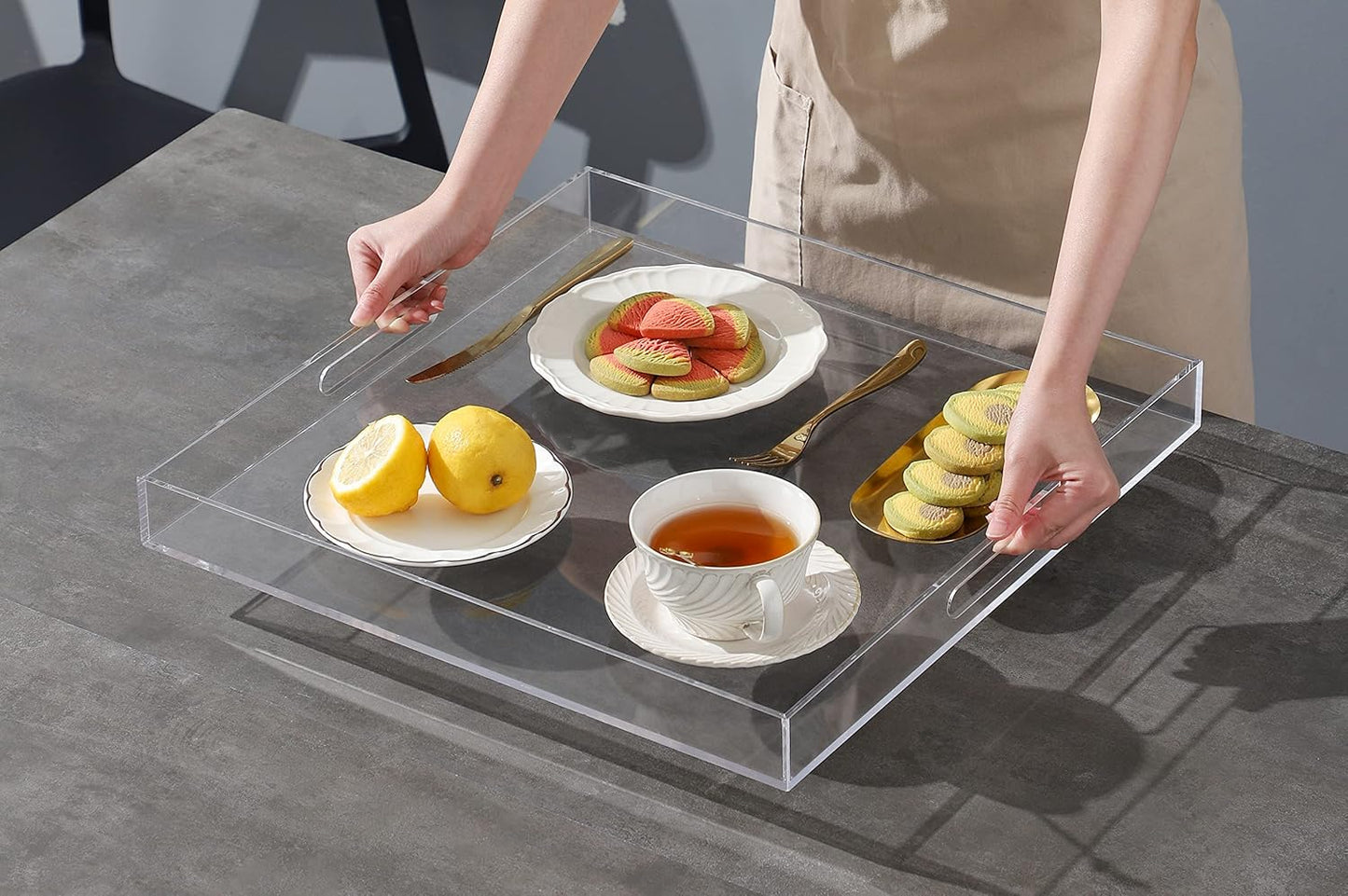 Clear Sturdy Acrylic Serving Tray with Handles-24x24Inch-Serving Coffee,Appetizer,Breakfast,Butler-Kitchen Countertop Tray-Makeup Drawer Organizer-Vanity Table,Ottoman Tray-Decorative Tray