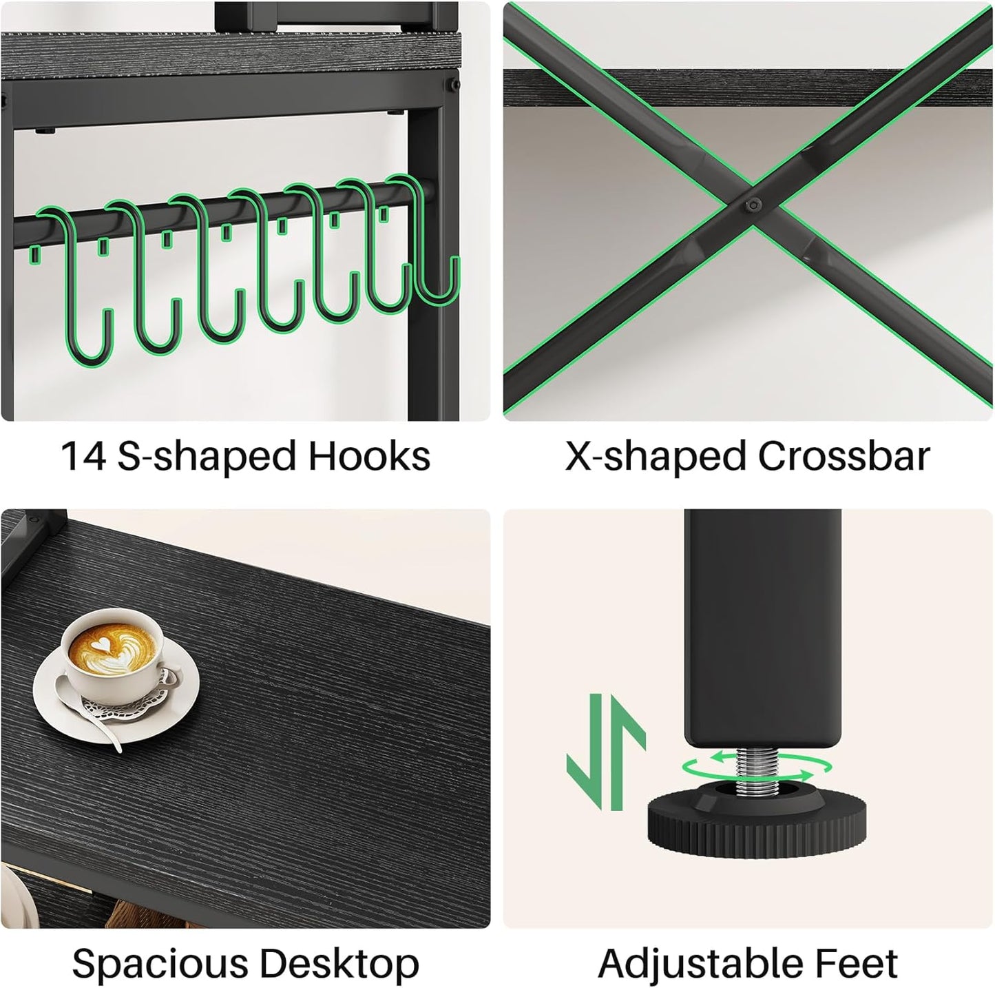 Baker Rack with Power Outlet - Microwave Stand with Storage, Large Coffee Bar Station with 14 Hooks, Metal Kitchen Shelf Rack for Spices, Pots (Rustic Black)