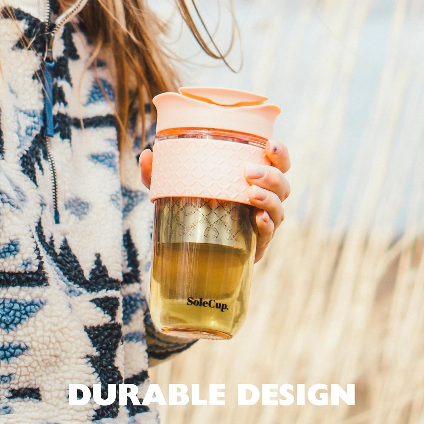 Large Travel Mug Loose Tea Infuser - Detachable Tea Strainer with Spill Proof Lid - 18oz/530ml BPA-Free Reusable Glass Travel Coffee Cup with Silicone Band (Pink) (Black)