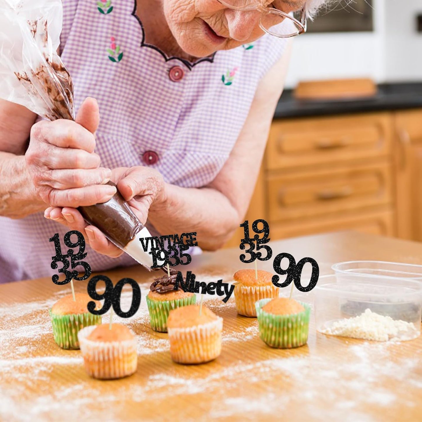 Gyufise 24Pcs Vintage 1935 Cupcake Toppers Glitter Cheers to 90 Fabulous Ninety Cupcake Picks 90th Birthday Wedding Anniversary Party Cake Decorations Supplies Black