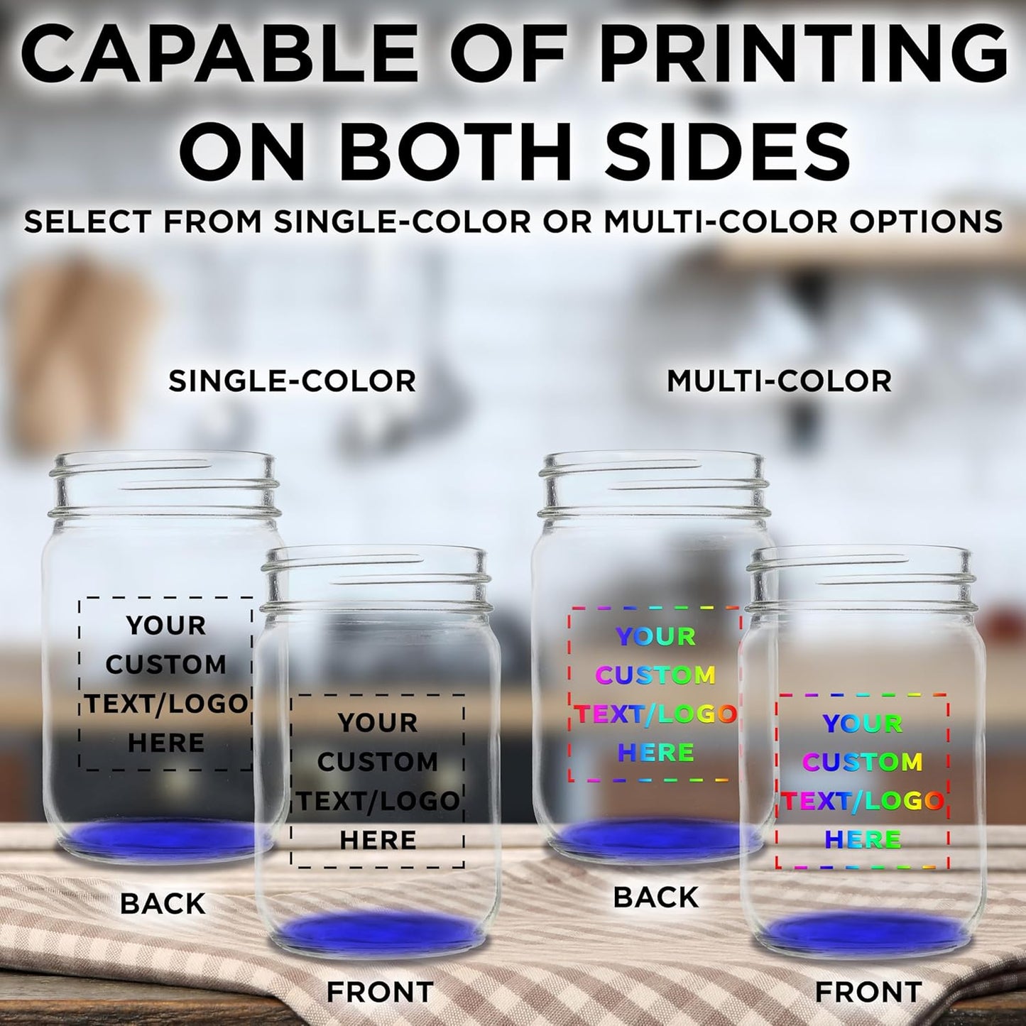 DISCOUNT PROMOS Custom Decorating Mason Jars 12 oz. Set of 50, Personalized Bulk Pack - Glass Jars for Overnight Oats, Candies, Fruits, Pickles, Spices, Beverages - Blue