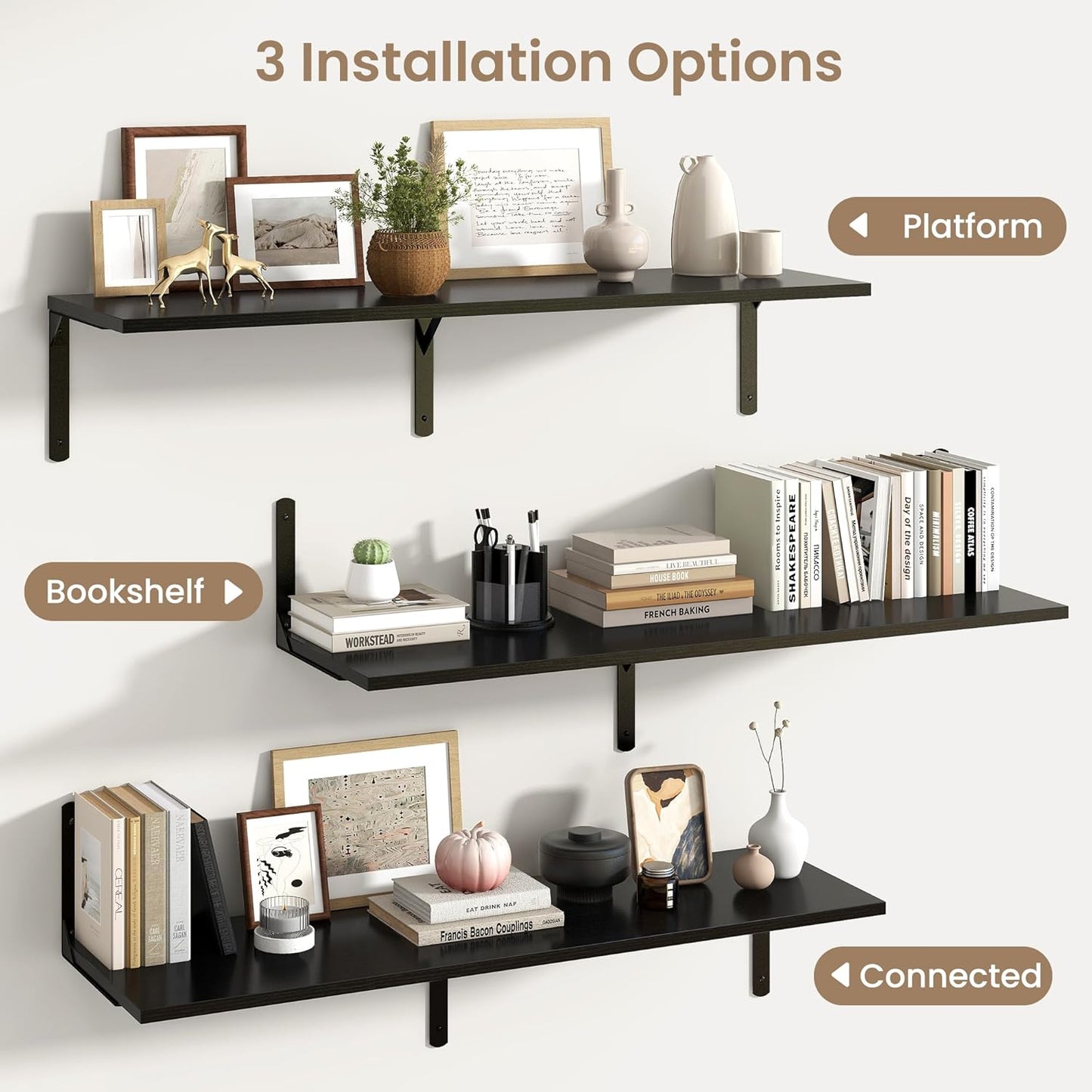 Fun Memories Floating Shelves for Wall, 12 Inch Deep Floating Shelves Set of 2, Wall Mounted Shelf with Metal Brackets, Rustic Wood Wide Shelf for Bathroom, Kitchen and Living Room, Black, 48W x 12D