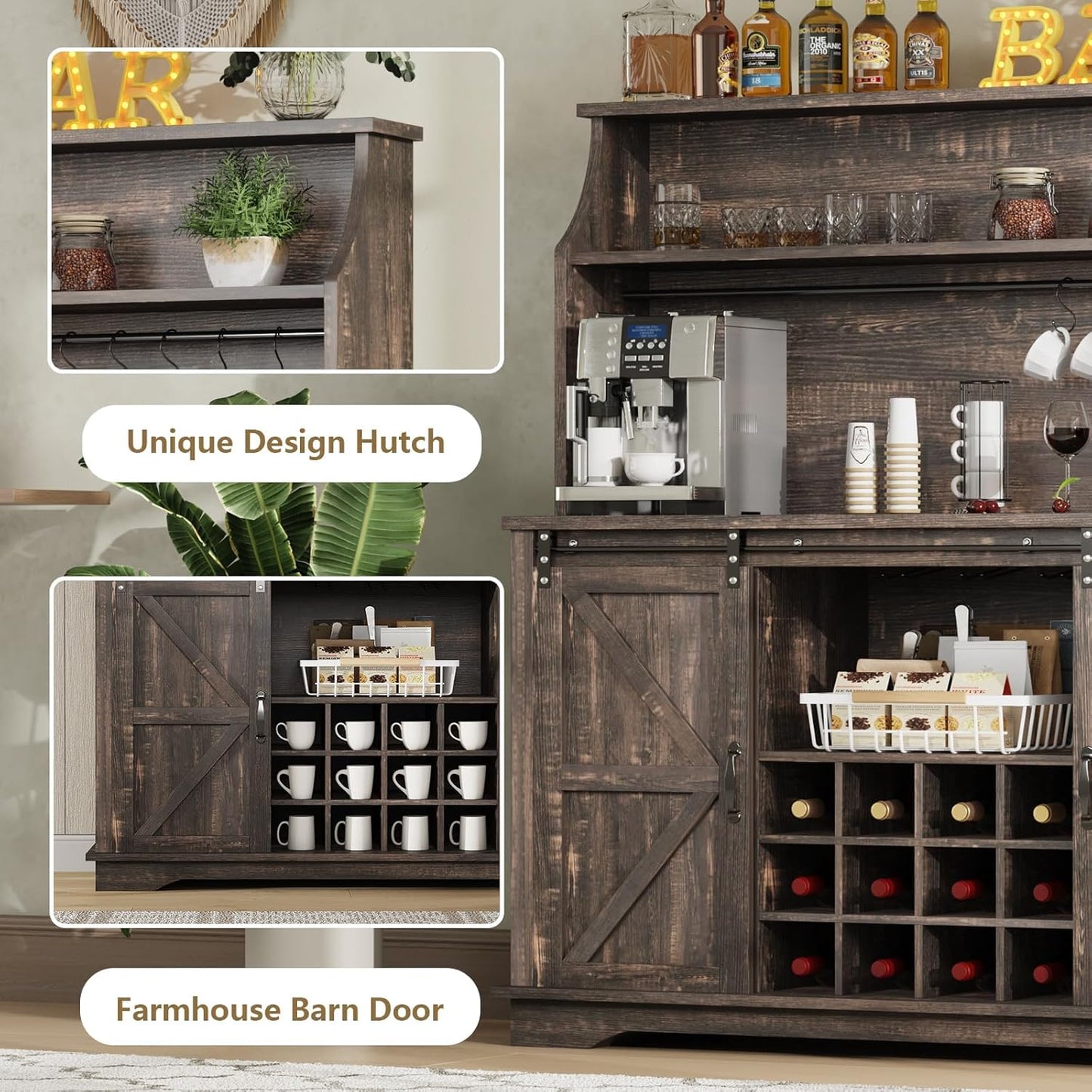 55 Inch Farmhouse Coffee Bar Cabinet with 3-Tier Storage, Kitchen Hutch with12 Wine Racks & 3 Glass Holders, Coffee Bar with 6 Hooks, Wine Bar Cabinet for Dining Living Room, Oak