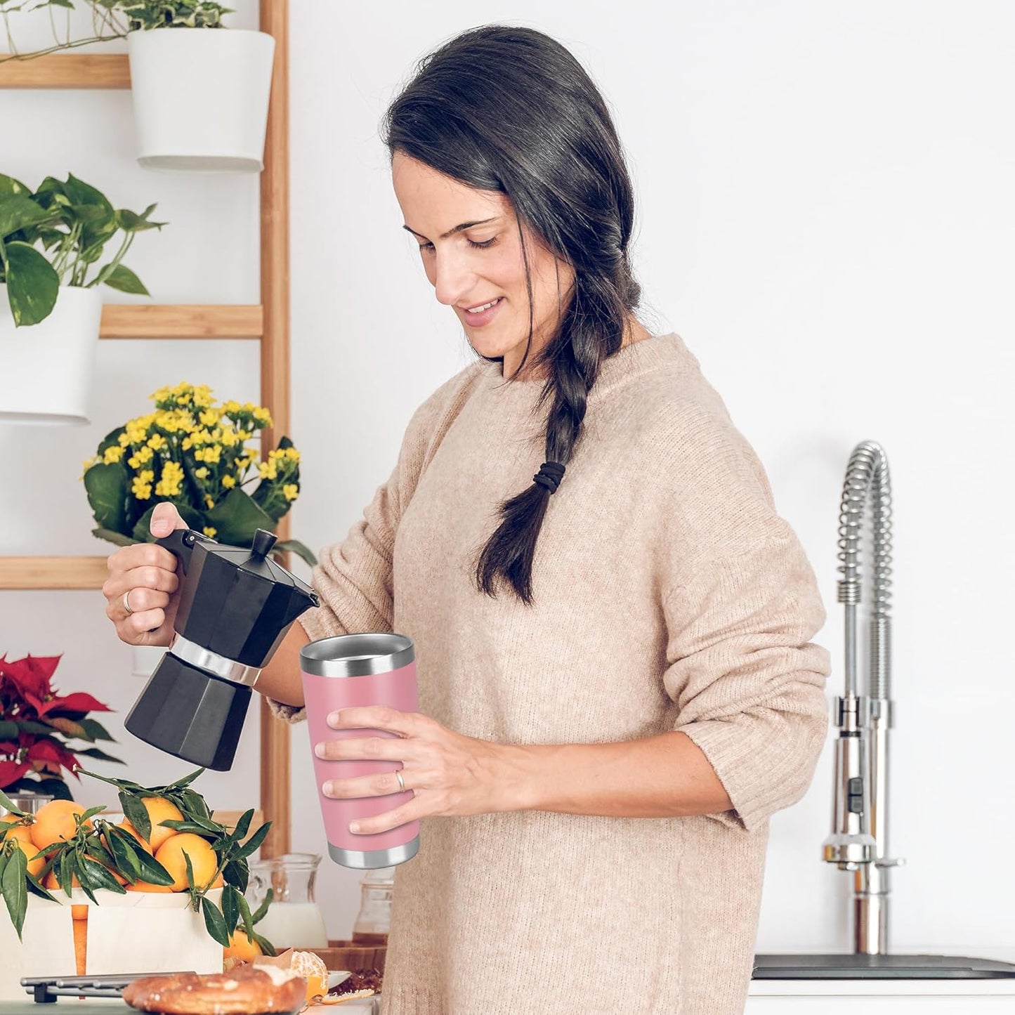 20 oz Tumbler Stainless Steel Tumblers Bulk with Lid Double Wall Insulated Coffee Tumbler Cups for Hot & Cold Drinks Powder Coated Travel Coffee Tumbler Mug Metal (Rose Pink, 1 pack)