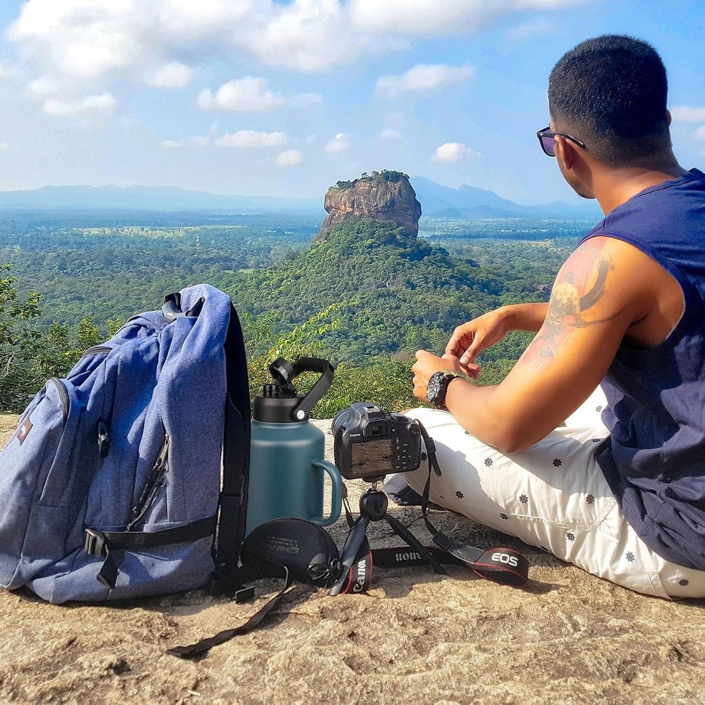 BJPKPK 1 Gallon Water Bottle with Handle, Large Dishwasher Safe 128oz Insulated Water Bottle, BPA Free Water Jug, Wide Mouth Metal Water Bottle with Anti-slip Bottom, Keep Cold & Hot,Navy Blue