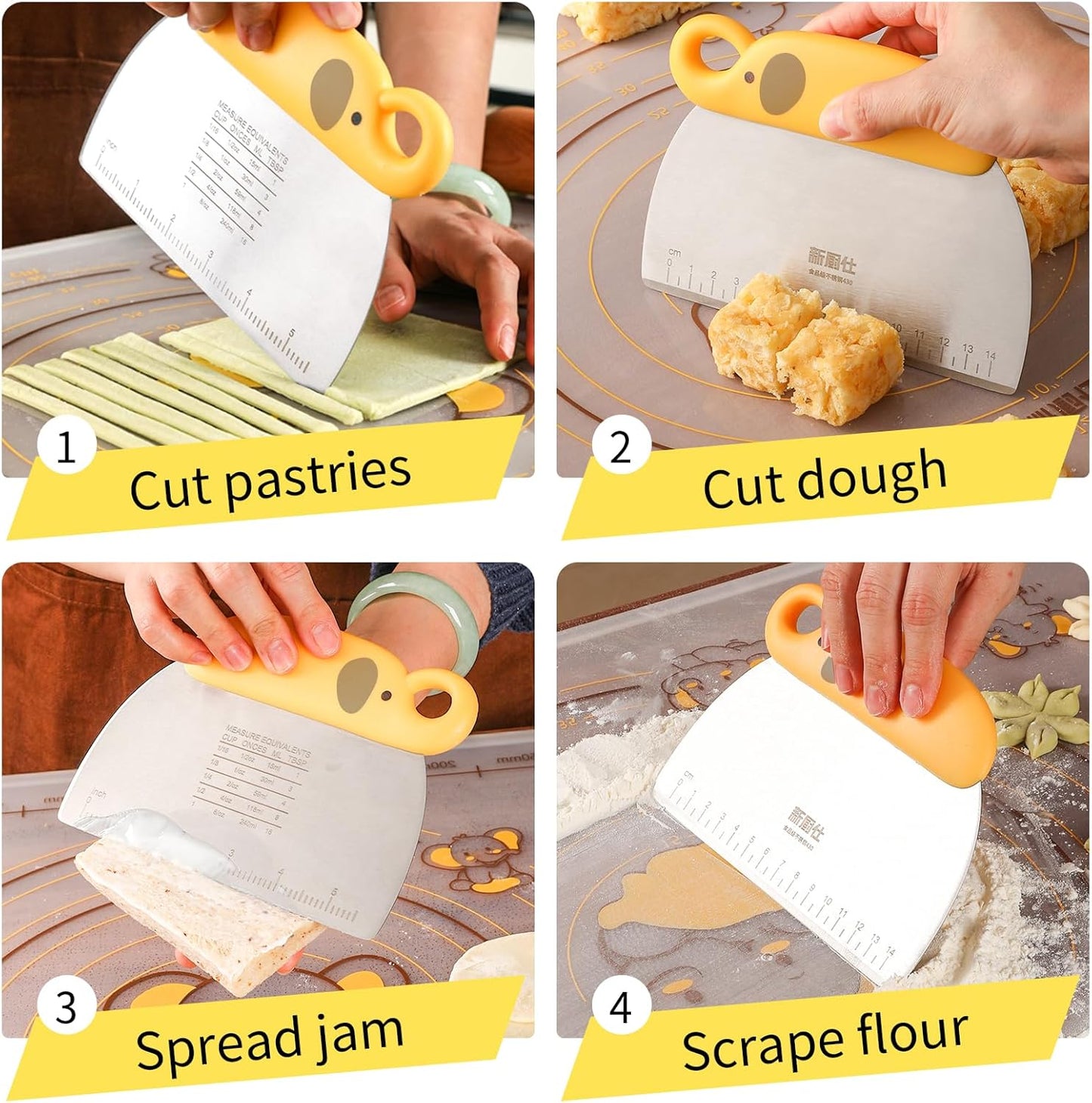 Bench Scraper for Bread, Stainless Steel Dough Cutter and Scraper Double Sided Scale Metal Food Scraper Chopper Kitchen Baking Tool for Cake Pastry, with Plastic Grip