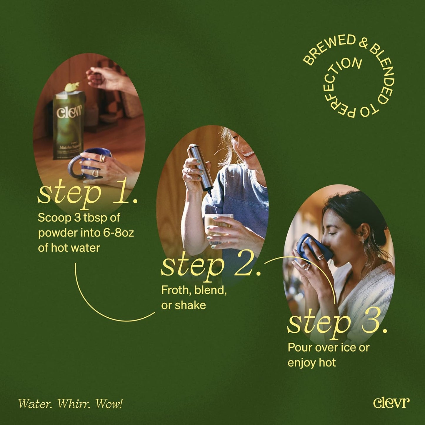 Clevr Blends Organic Matcha Green Tea Latte, Instant Ceremonial Grade, Superfood Powder Blend with Oat Milk, Lions Mane, Reishi Mushroom, Coconut Cream, Ashwagandha, Serve Hot or Iced, (30 Lattes)