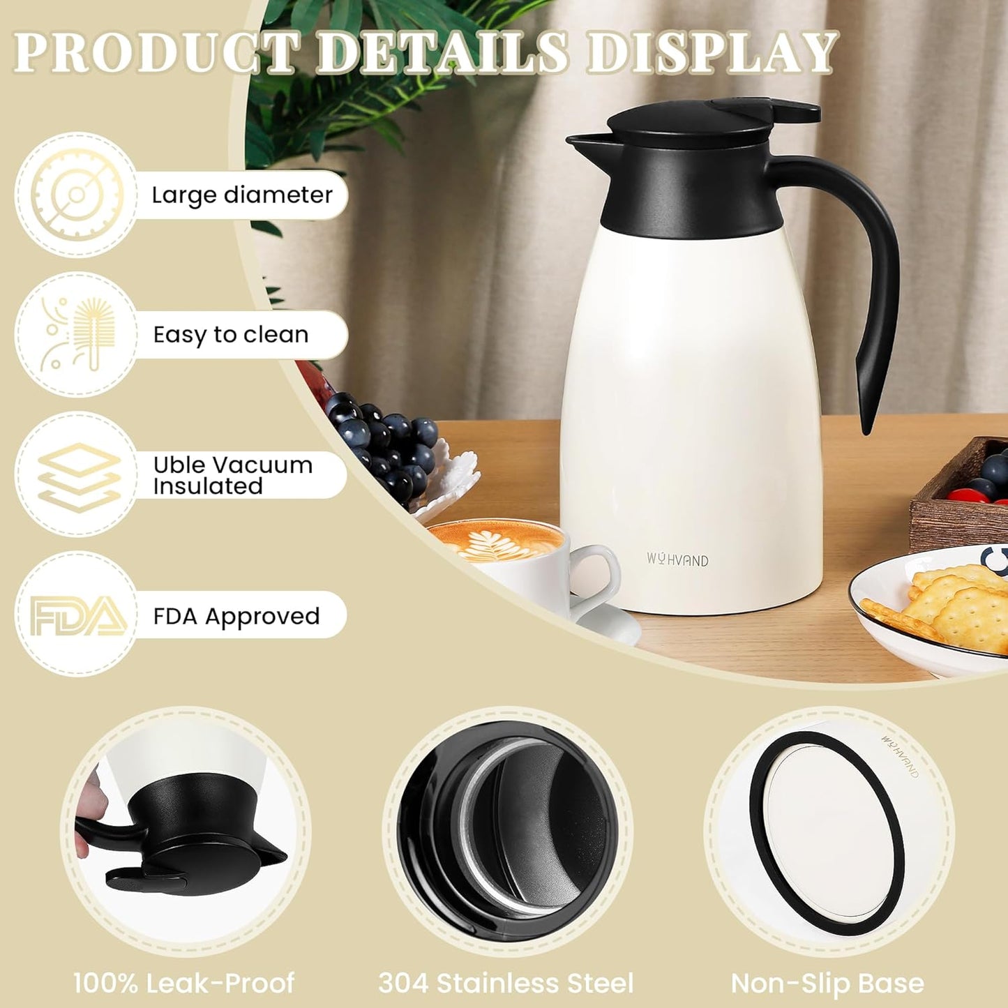 51 Oz Thermal Coffee Carafe, Stainless Steel Insulated Vacuum coffee crafts to keep coffee hot, 1.5 Liter Tea Water Coffee and Beverage Dispenser (Cream)