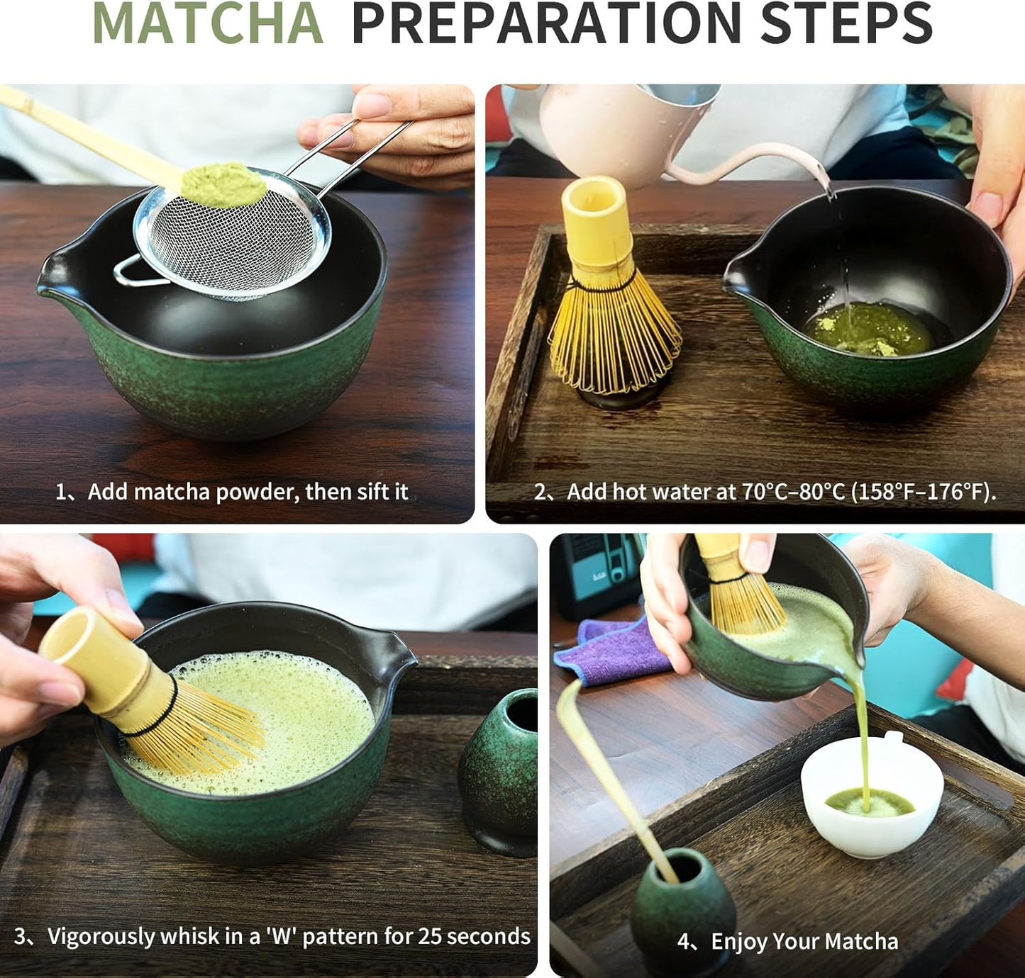Matcha Whisk Set,Matcha Set Includes Ceramic Bowl with Spout,Stainless Sifter,Scoop,Whisk and Holder,Complete 5 Pcs Japanese Matcha Kit Making Tools,Green