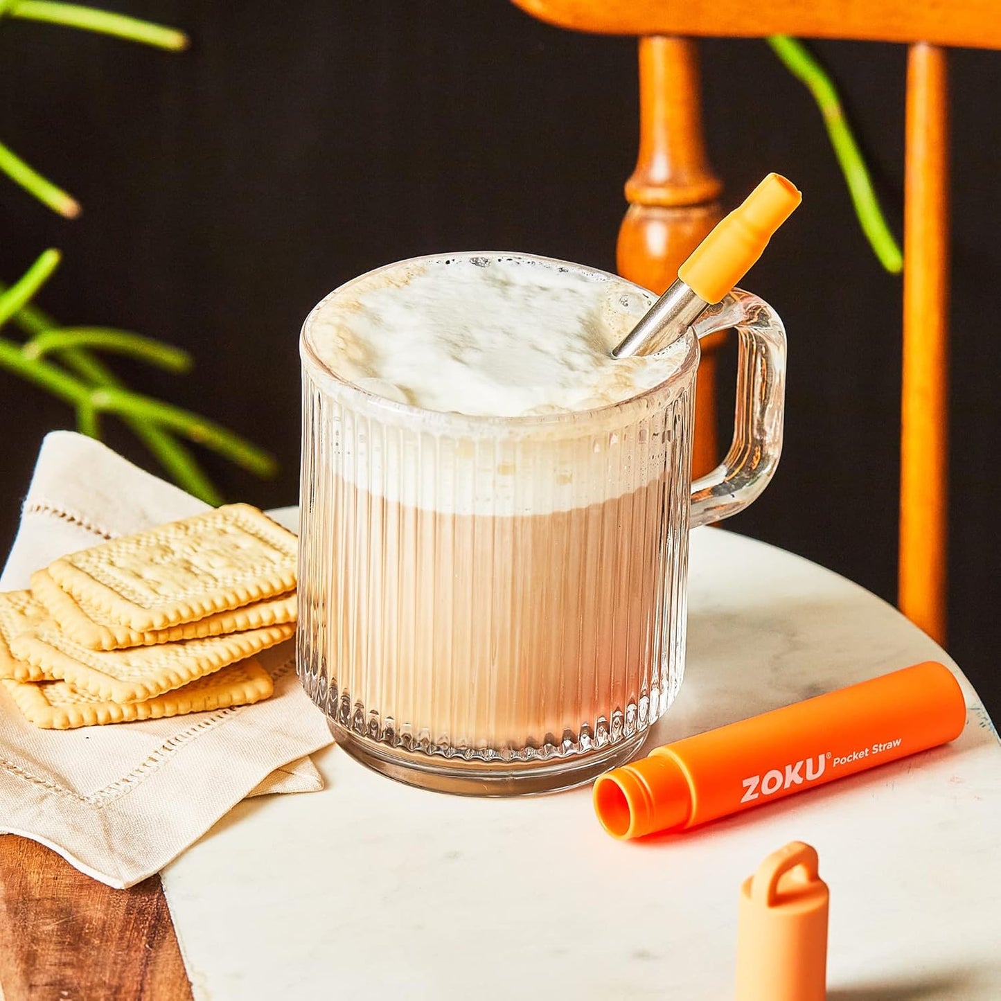 ZOKU Reusable Metal Straw with Case for Travel, Orange - Collapsible Stainless Steel Drinking Straw with Silicone Tip and Cleaner Brush, Ideal for Key Chains, Pockets, Purses