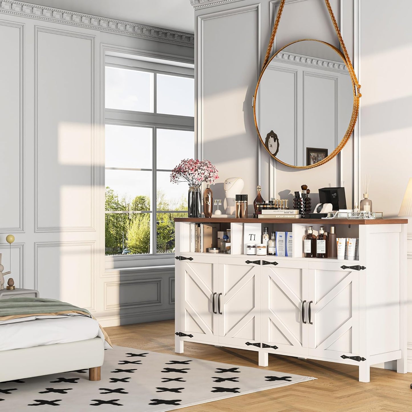 Buffet Sideboard with Storage Farmhouse with 4 Doors, 55'' Large Kitchen Storage Cabinet Wood Coffee Bar Cabinet Buffet Table with Shelves for Kitchen, Dining Room, Entryway