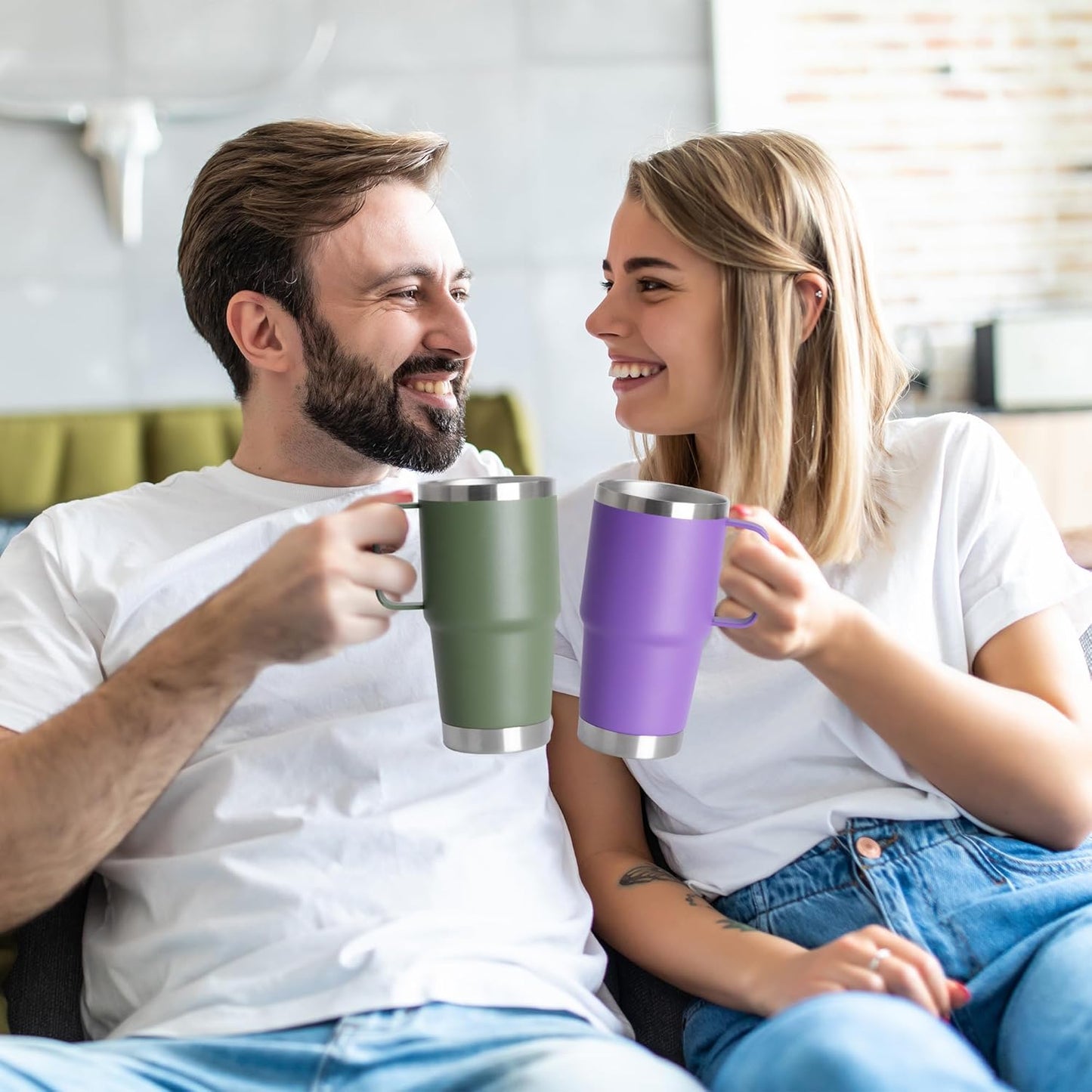 HASLE OUTFITTERS 20oz Tumbler Bulk with Lid, Stainless Steel Tumbler Bulk with Handle, Metal Insulated Travel Coffee Mug Set with Handle, Double Wall Vacuum Leak Proof Tumbler Cup, Amy Green 12 Pack