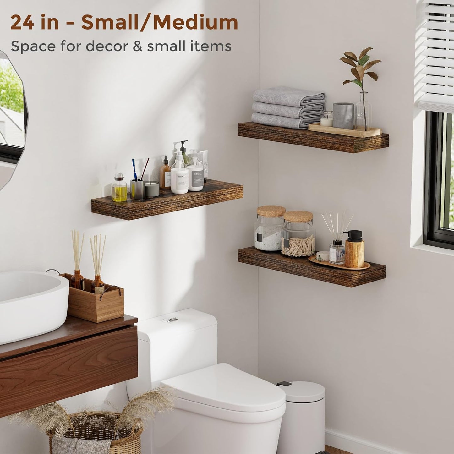 Heimlove 48 Inch Floating Shelves for Wall 8 Inch Deep Rustic Brown Shelves Set of 2,Wall Mounted Rustic Wood Long Floating Shelf,Large Display & Storage Shelf with Invisible Brackets