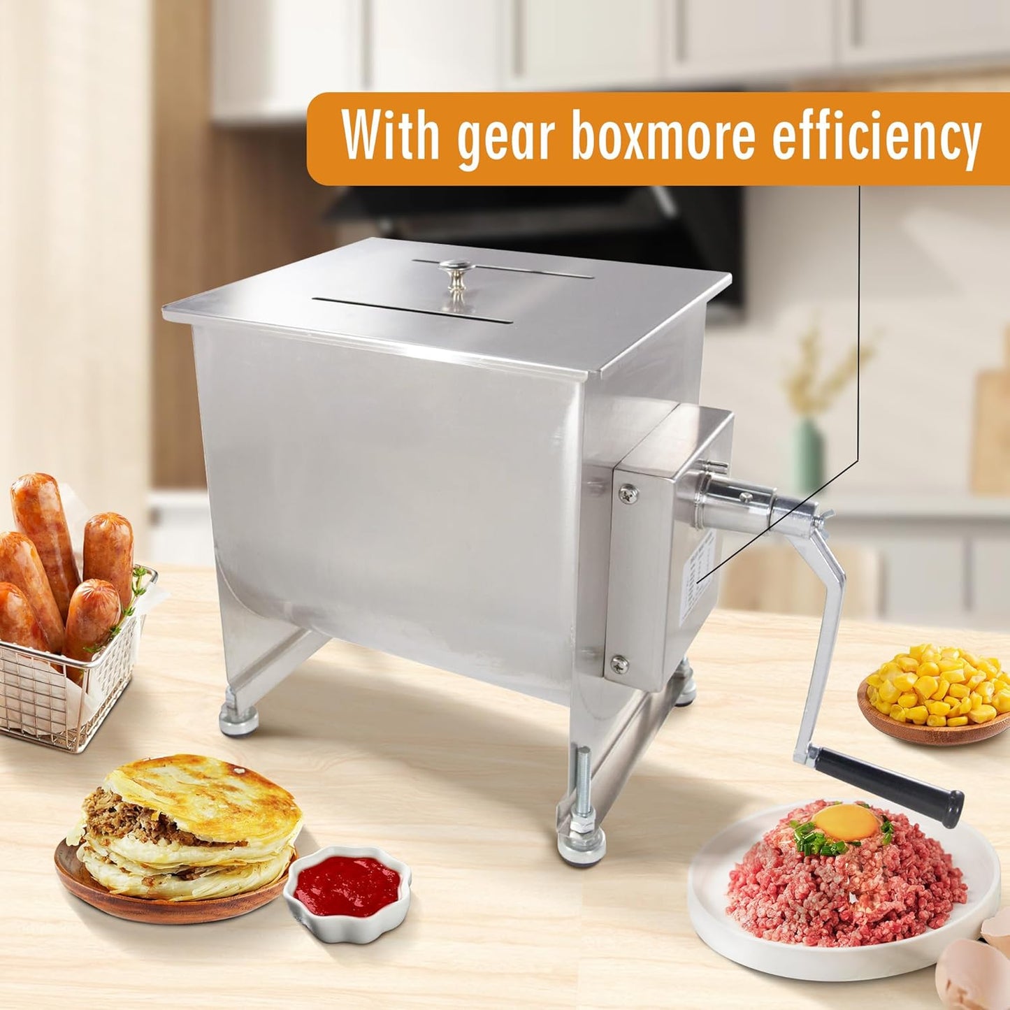 CMI Commercial Stainless Steel Manual Meat Mixers with lid,20Lb/10L Fixed Tank,(Mixing Maximum 15Lb for Meat),Sausage Mixer Machine Meat Processing Equipment