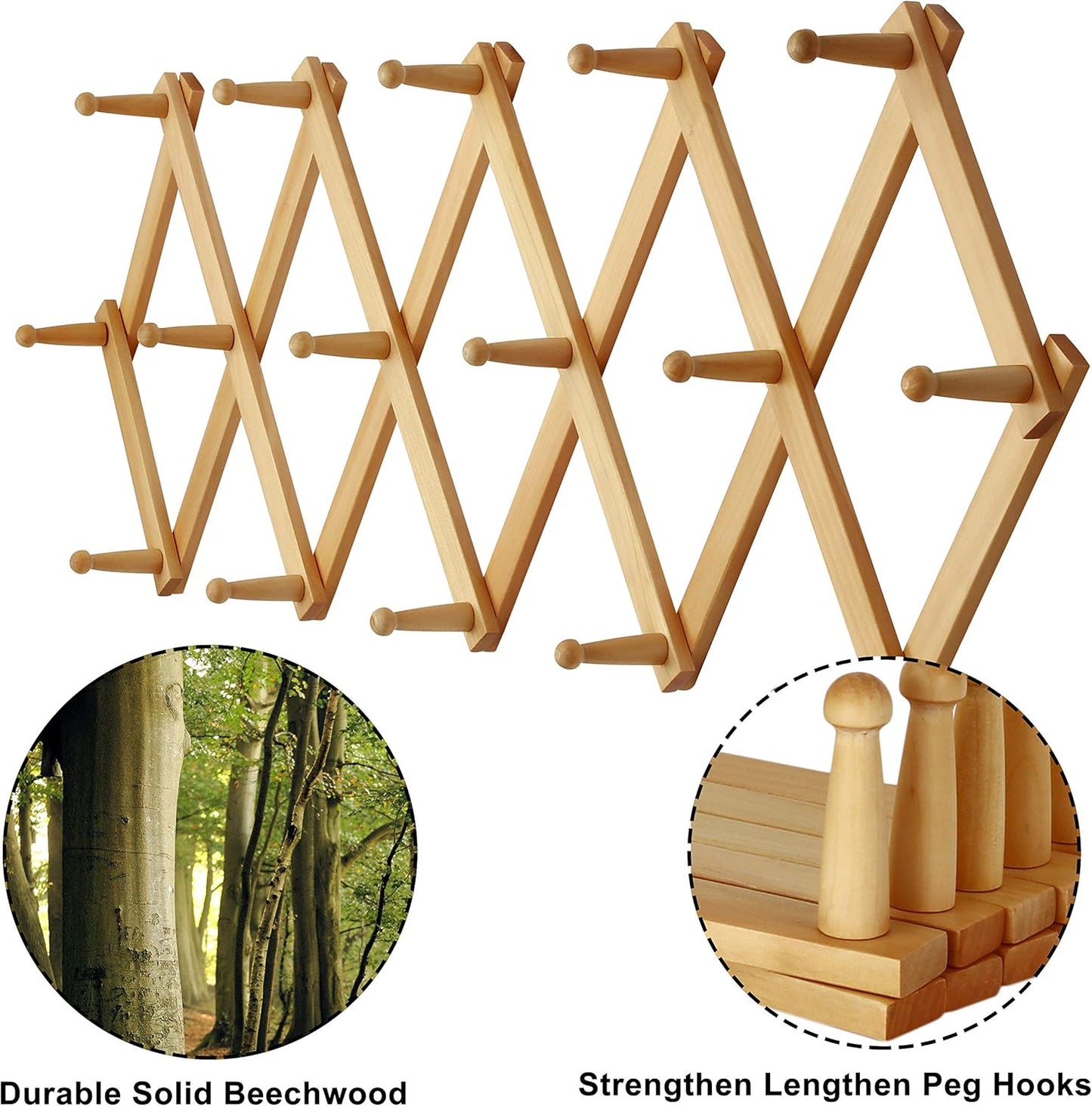 Dseap Accordian Wall Hanger: 16” High Wooden Wall Expandable Coat Rack, Hat Rack Holder, Accordion Hook for Baseball Caps, Coats, Mugs, 16 Peg Hooks, Natural