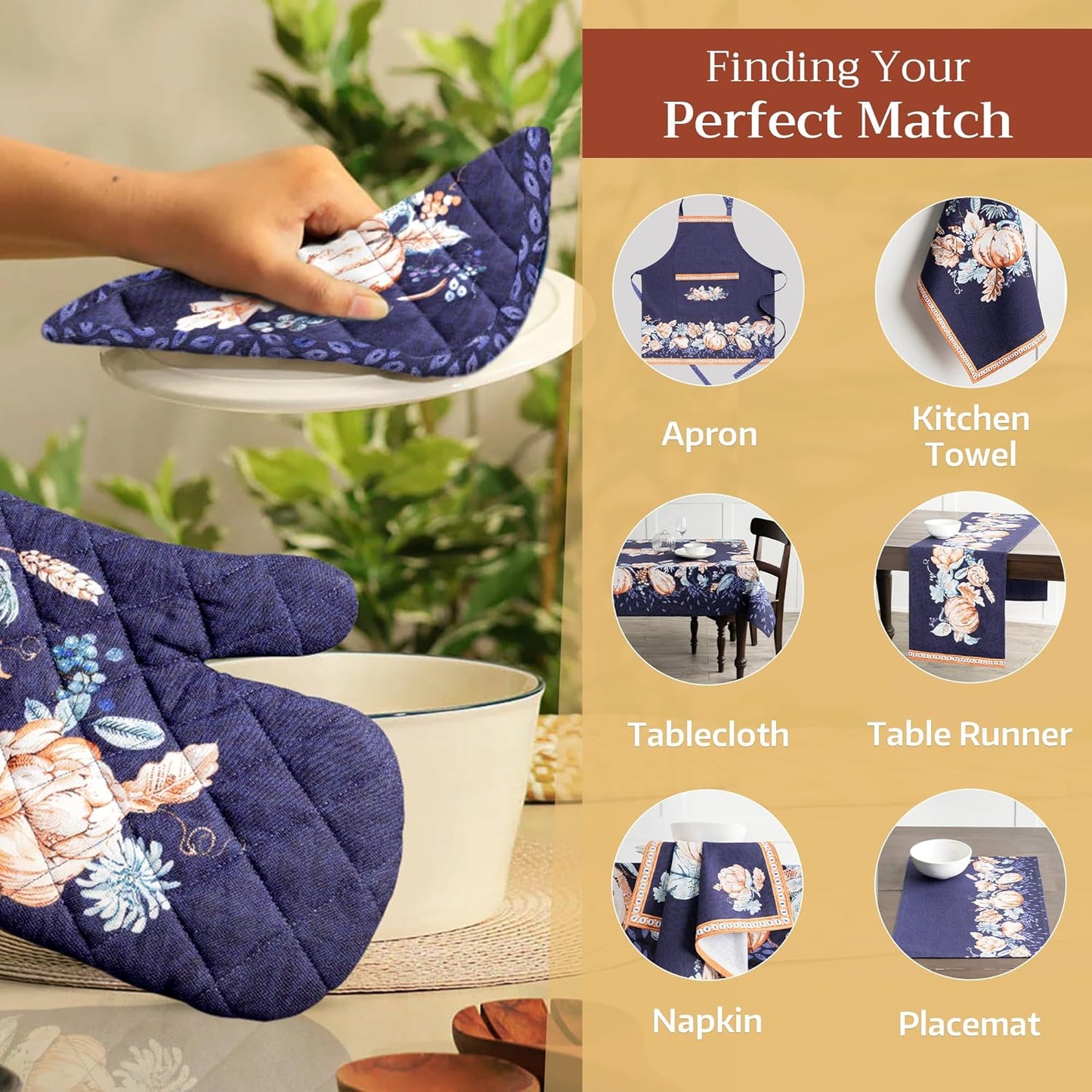 Maison d' Hermine 100% Cotton Oven Mitt & Pot Holder Set (7.5"x13" & 8"x8") Heat Resistant BBQ Cooking Gloves with Loop, Baking, Grilling, Kitchen, Handling Hot Pans (Pumpkin Blues)